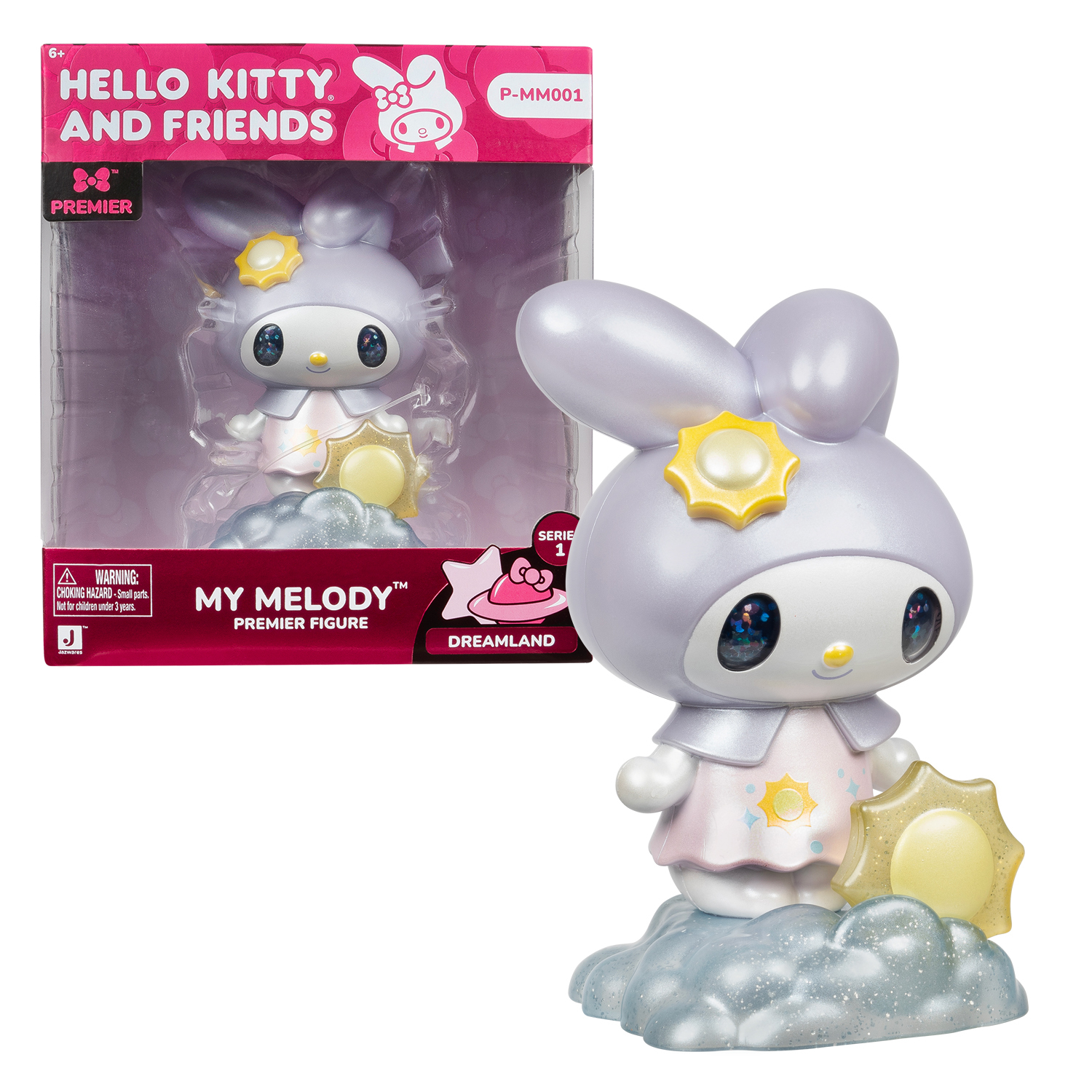 Eine My Melody Premier Figur in einer Schachtel und eine identische, ausgepackte Figur, die auf einer glitzernden Wolkenbasis steht.