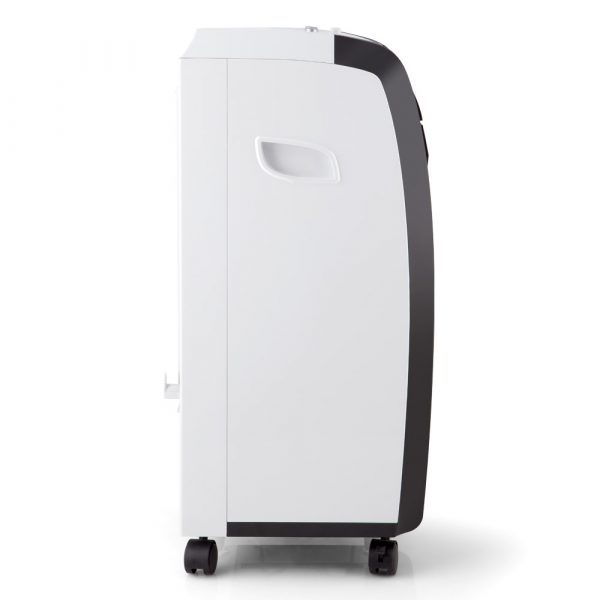 Un refrigeratore d'aria bianco su ruote con accento nero.