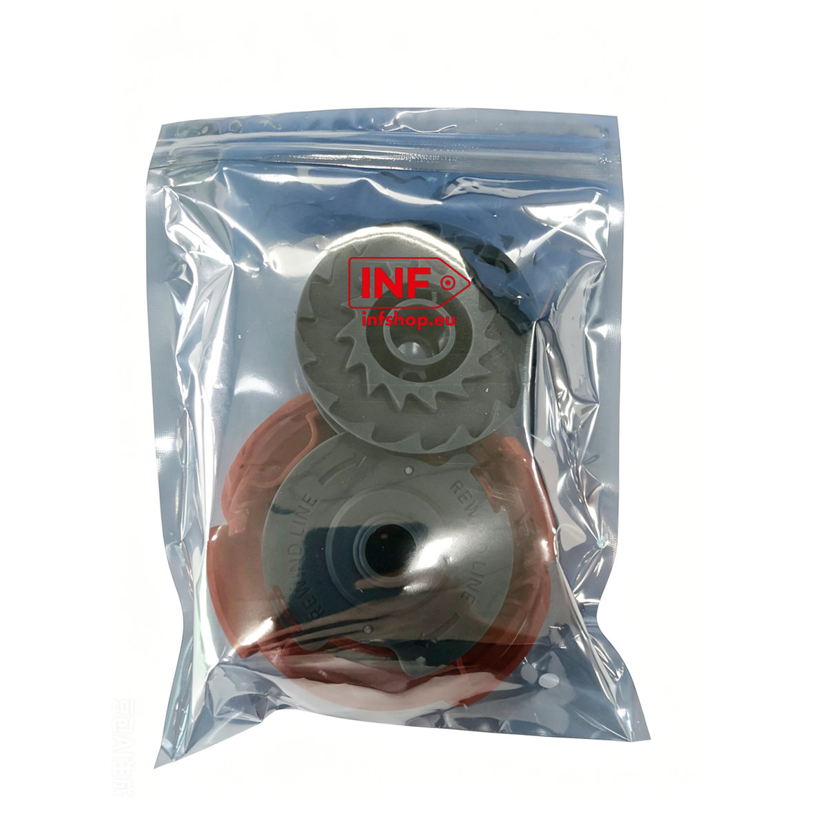 Two gears and a spool in a clear plastic bag.