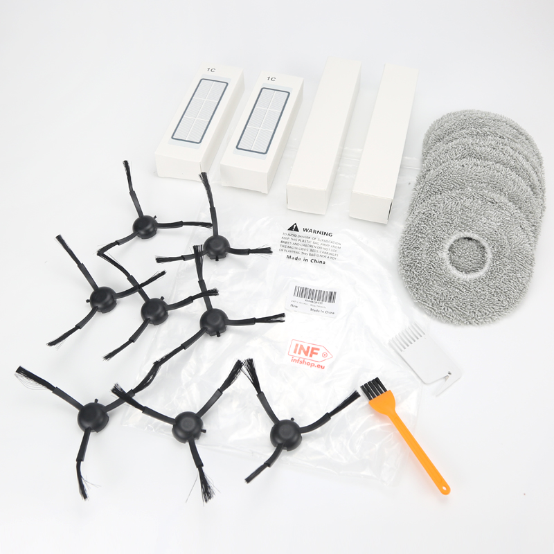 Robot vacuum cleaner accessories: filters, brushes, mop pads and brush.