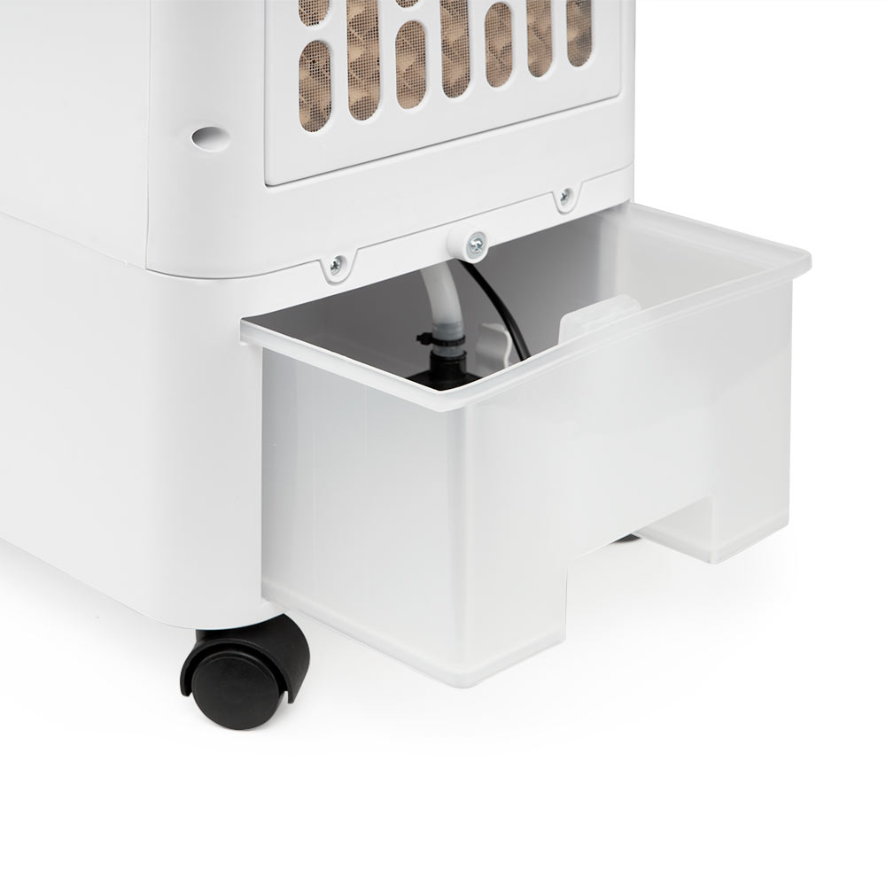 Enfriador de aire blanco con depósito de agua extraíble y ruedas.