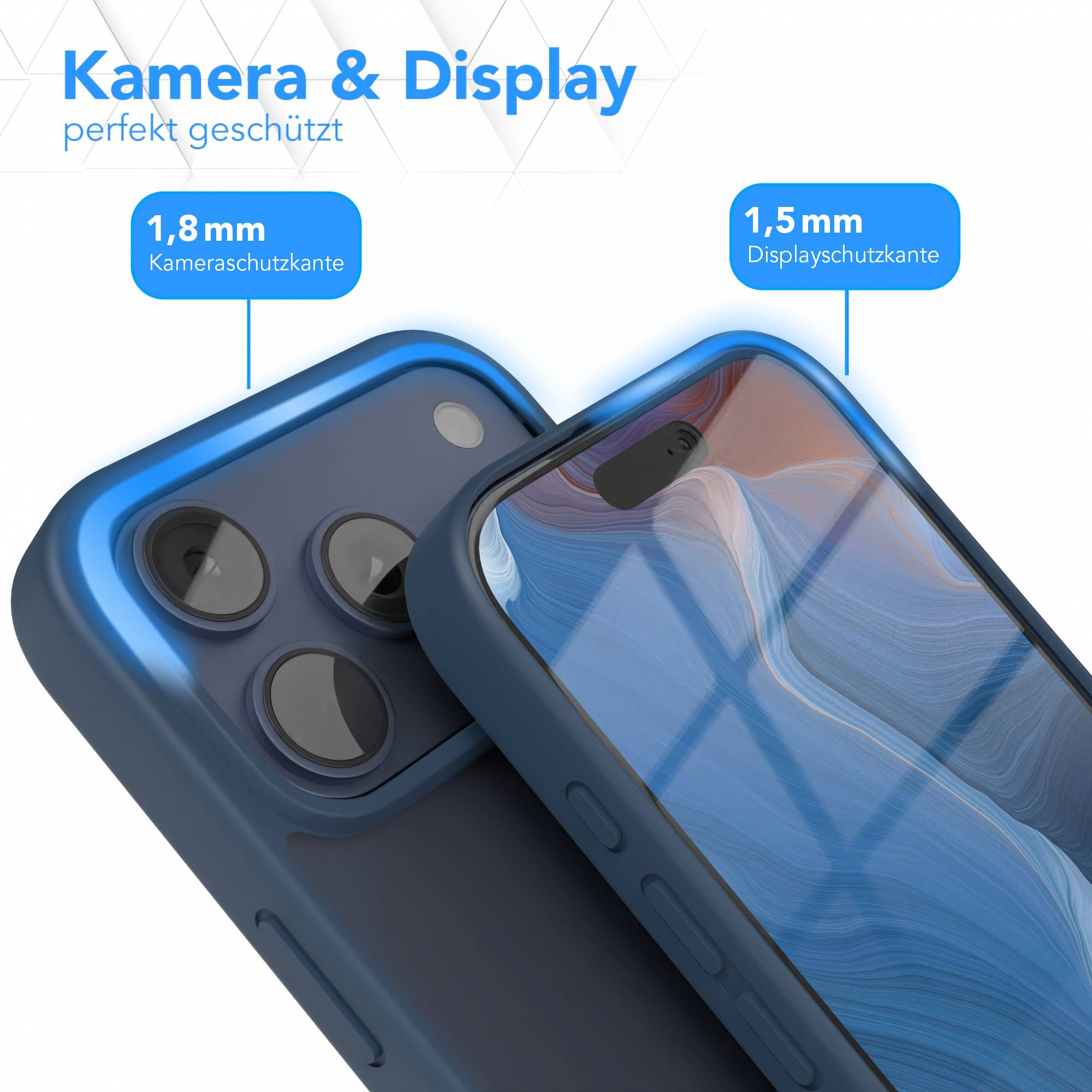 Eine blaue Handyhülle schützt ein blaues Smartphone, mit Text, der 1,8mm Kamera- und 1,5mm Displayschutz angibt.