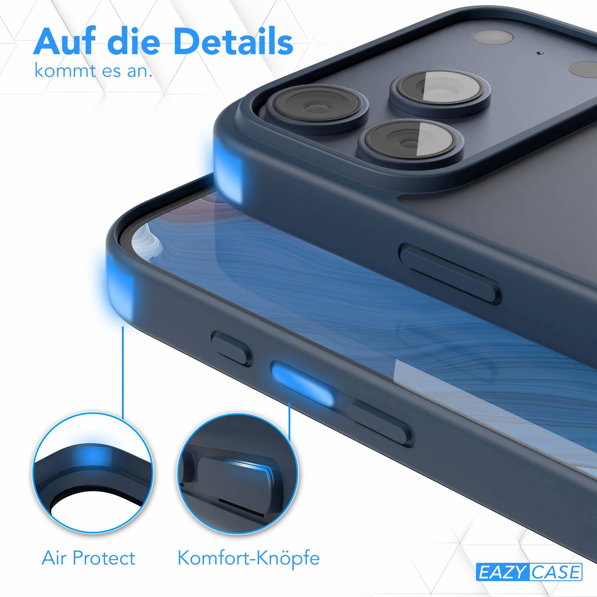 Eine dunkelblaue Handyhülle mit leuchtend blauen Akzenten hebt Details hervor, mit Text 