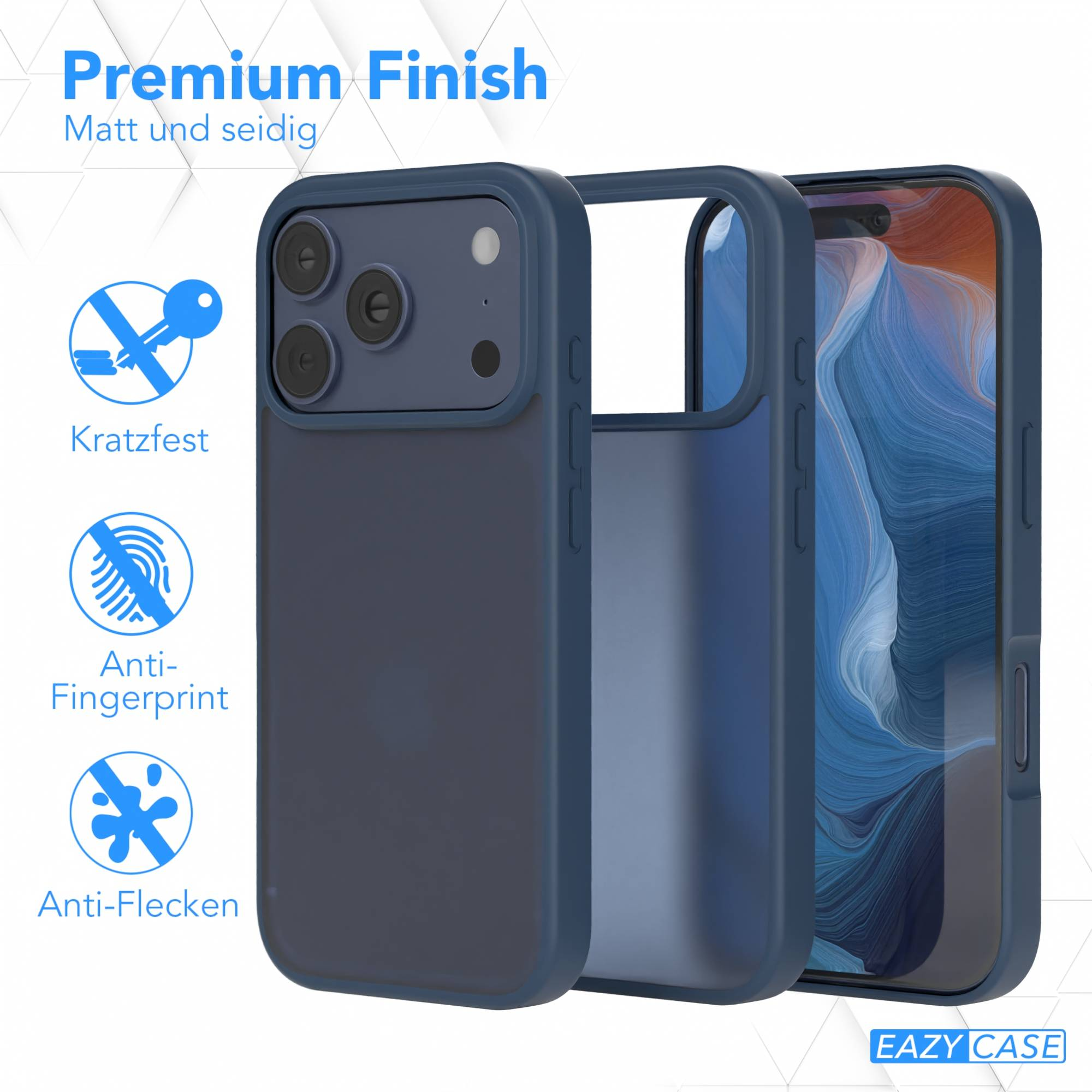 Eine matte blaue Handyhülle und ein Telefon, die kratzfeste, Anti-Fingerabdruck- und Anti-Flecken-Eigenschaften hervorheben.