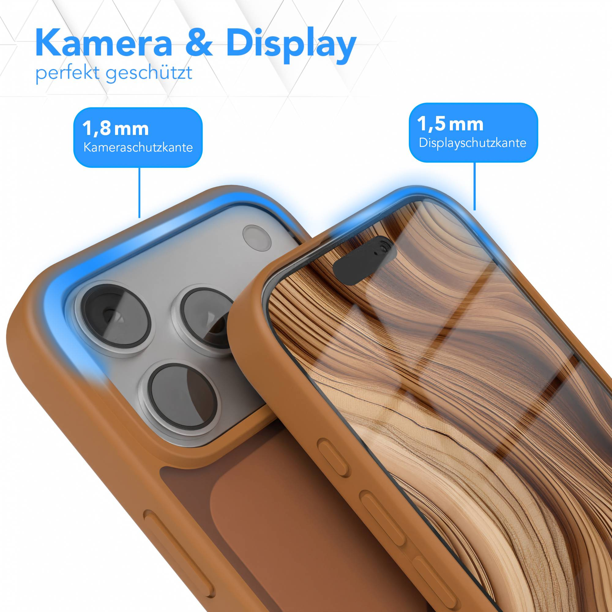 Braunes Handycase schützt Kamera (1,8mm) und Display (1,5mm).