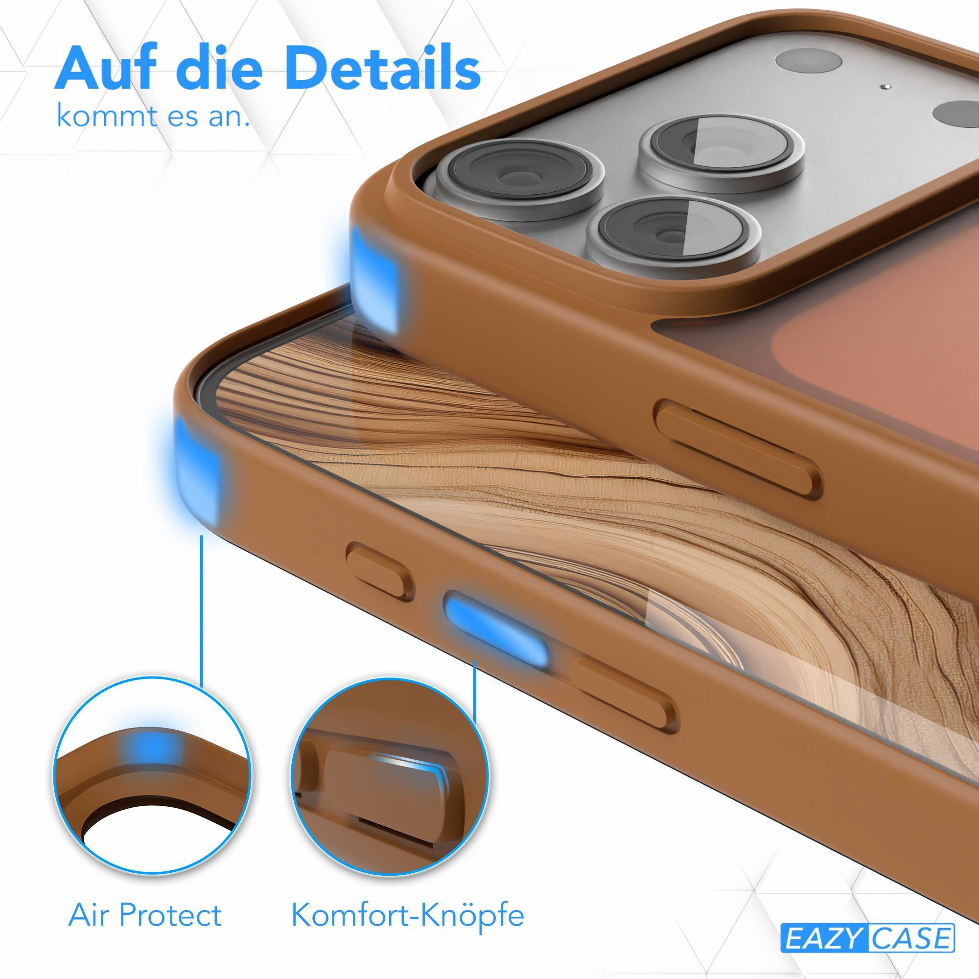 Braune Handyhülle mit Kameradetails und blauen Leuchtakzenten.