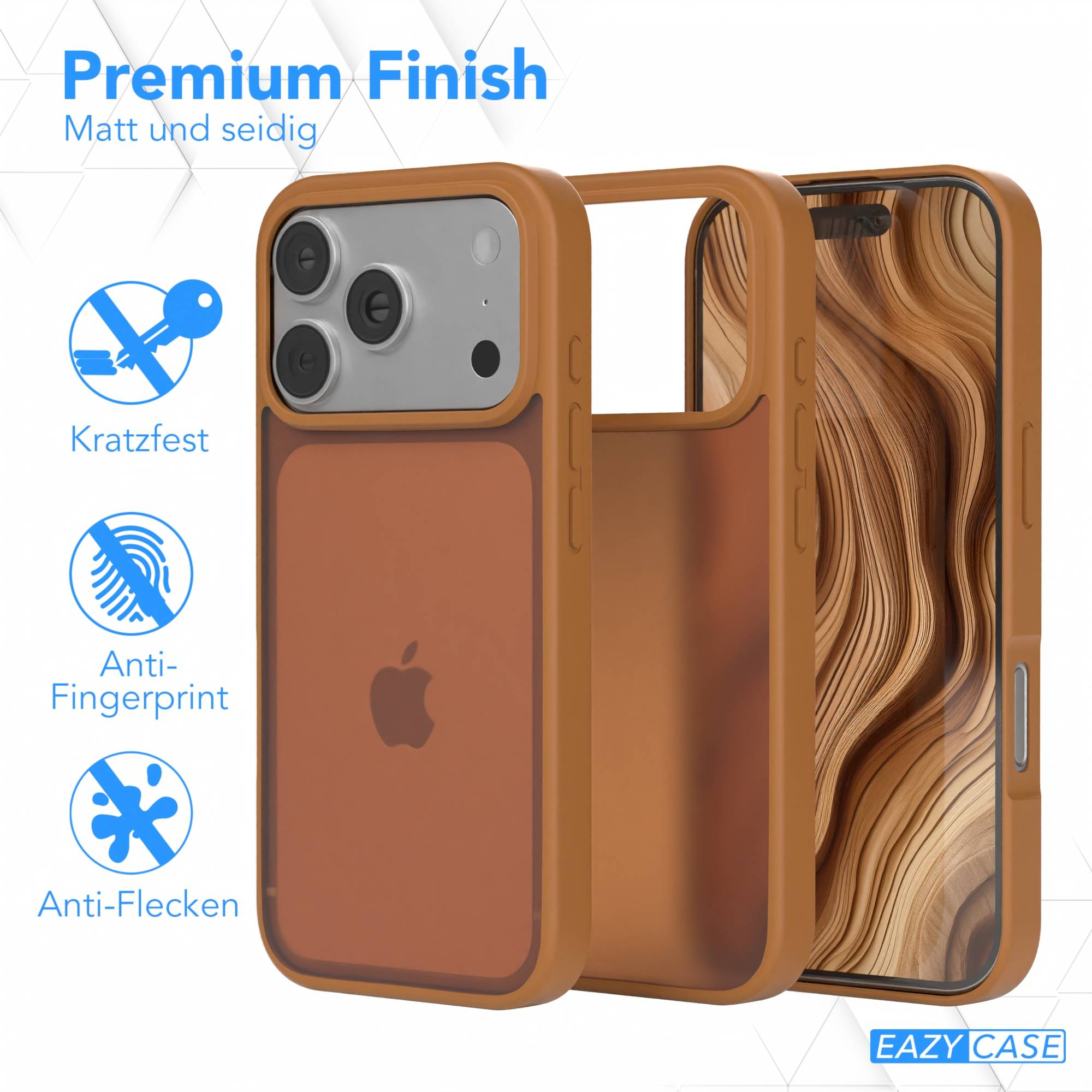 Braune Handyhülle mit Kamerausschnitt und Apple-Logo. Symbole für Kratz-, Fingerabdruck-, Fleckenbeständigkeit.