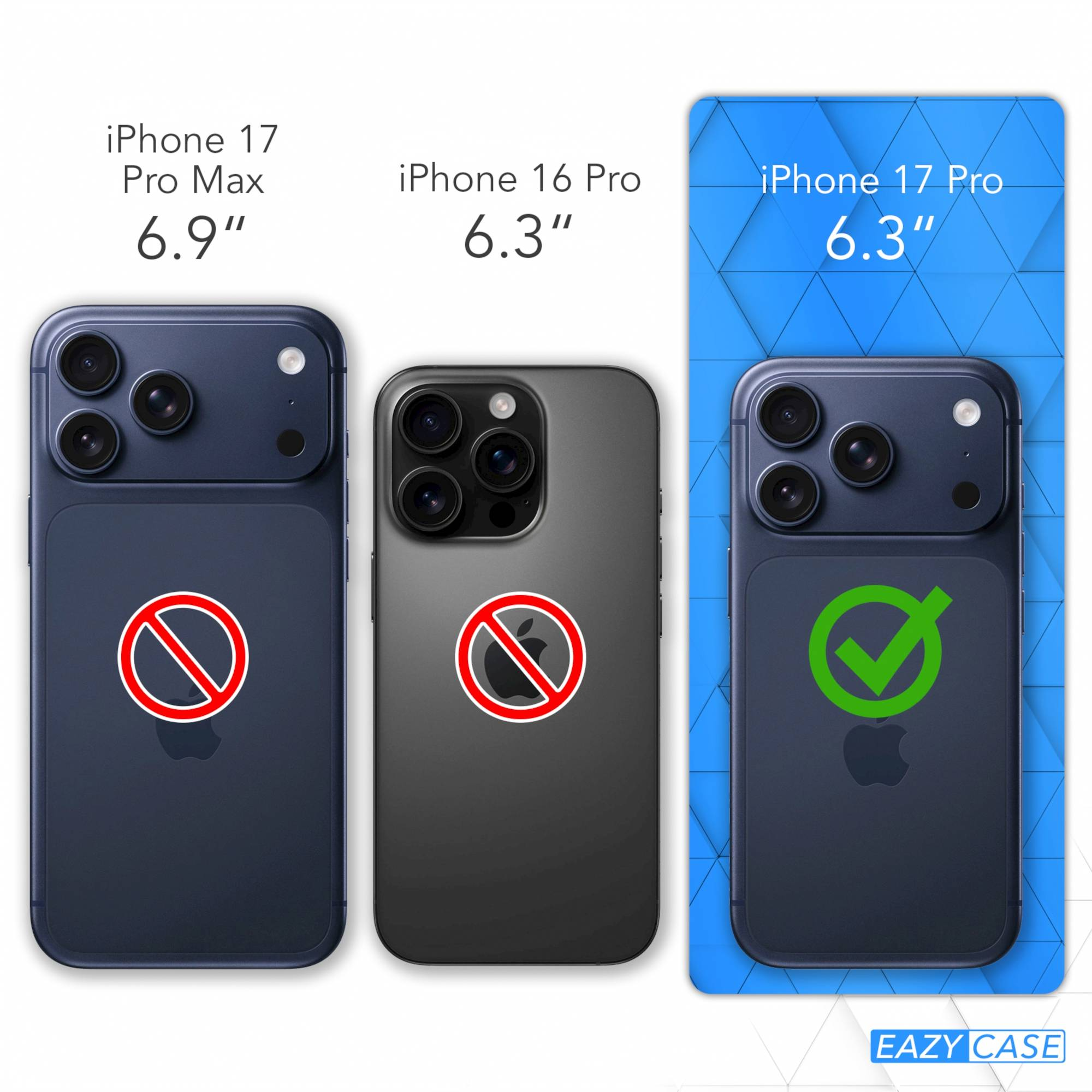 Drei iPhones: 17 Pro Max (6,9"), 16 Pro (6,3"), 17 Pro (6,3").