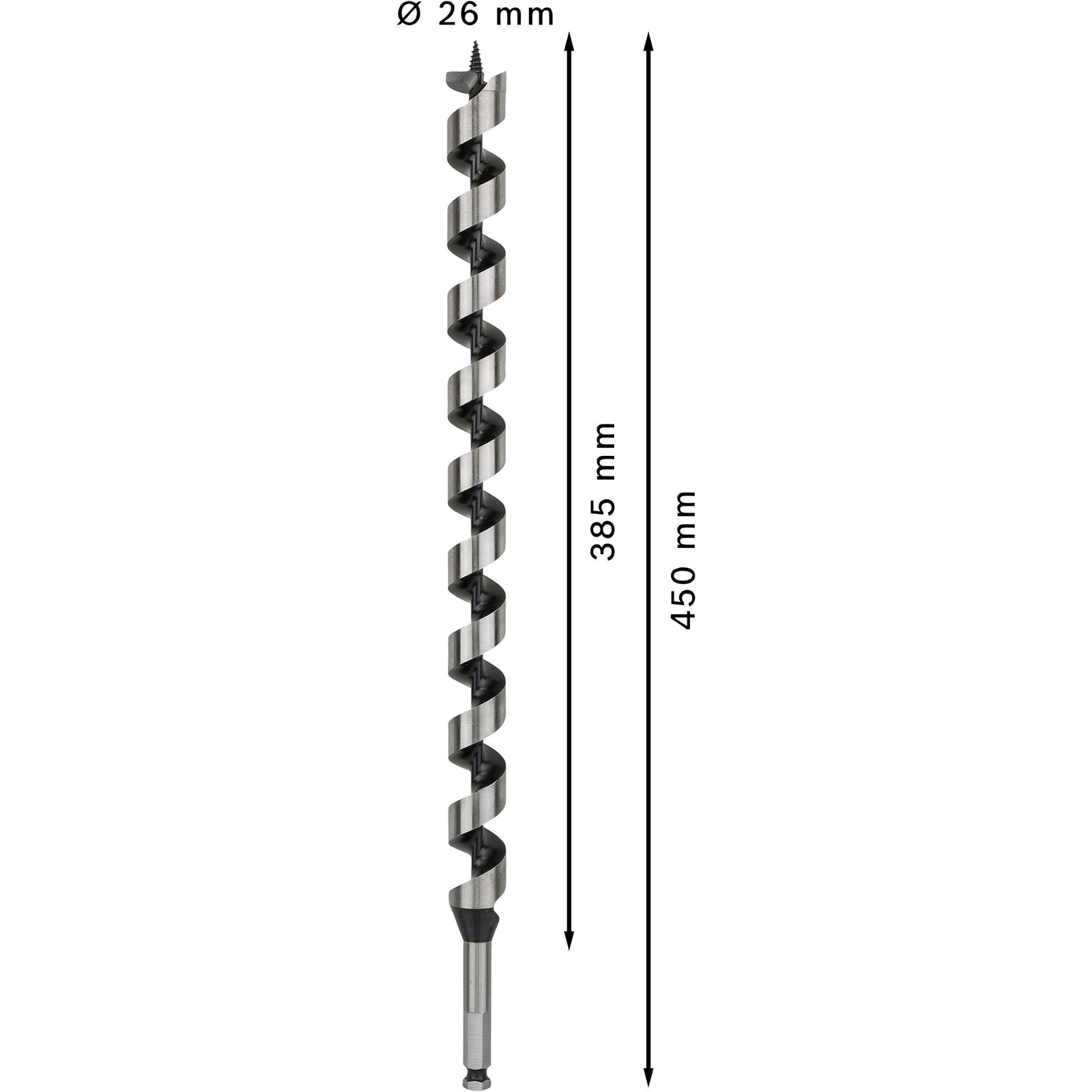 Ein langer, spiralförmiger Bohrer mit 26 mm Durchmesser und einer Gesamtlänge von 450 mm.
