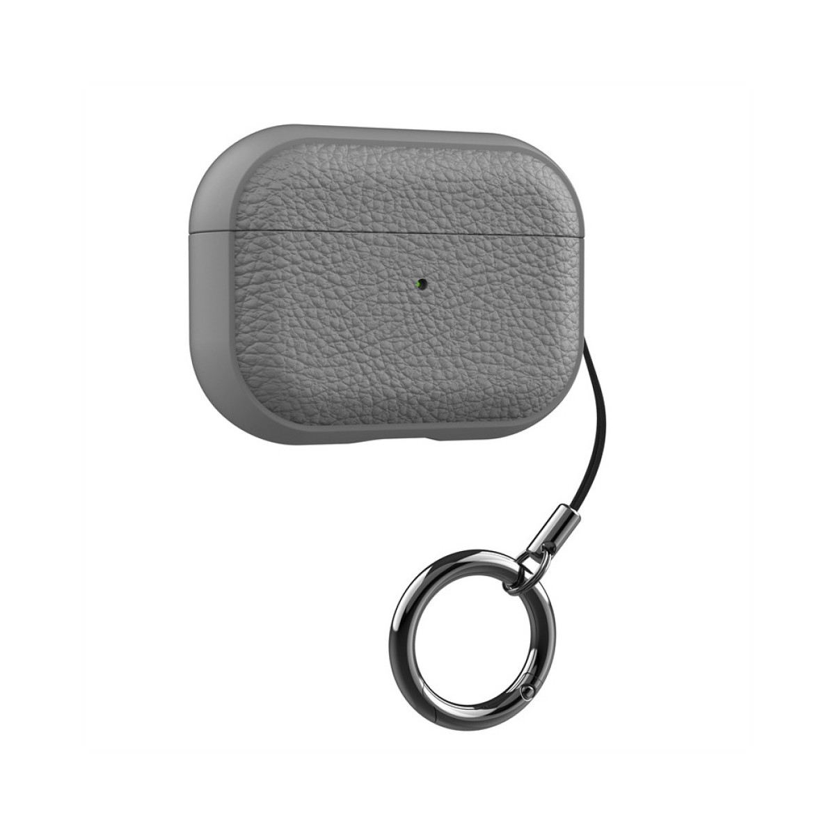 Una custodia grigia per AirPods con superficie testurizzata, una piccola luce verde e un cordino nero con anello in metallo.