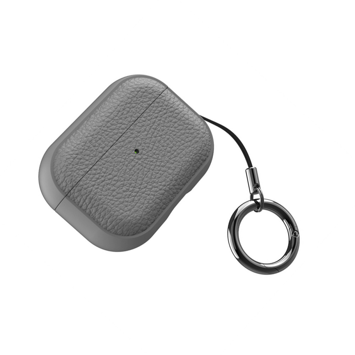 Una custodia grigia in pelle martellata per AirPods con un cinturino nero e un moschettone circolare metallico scuro su sfondo bianco.