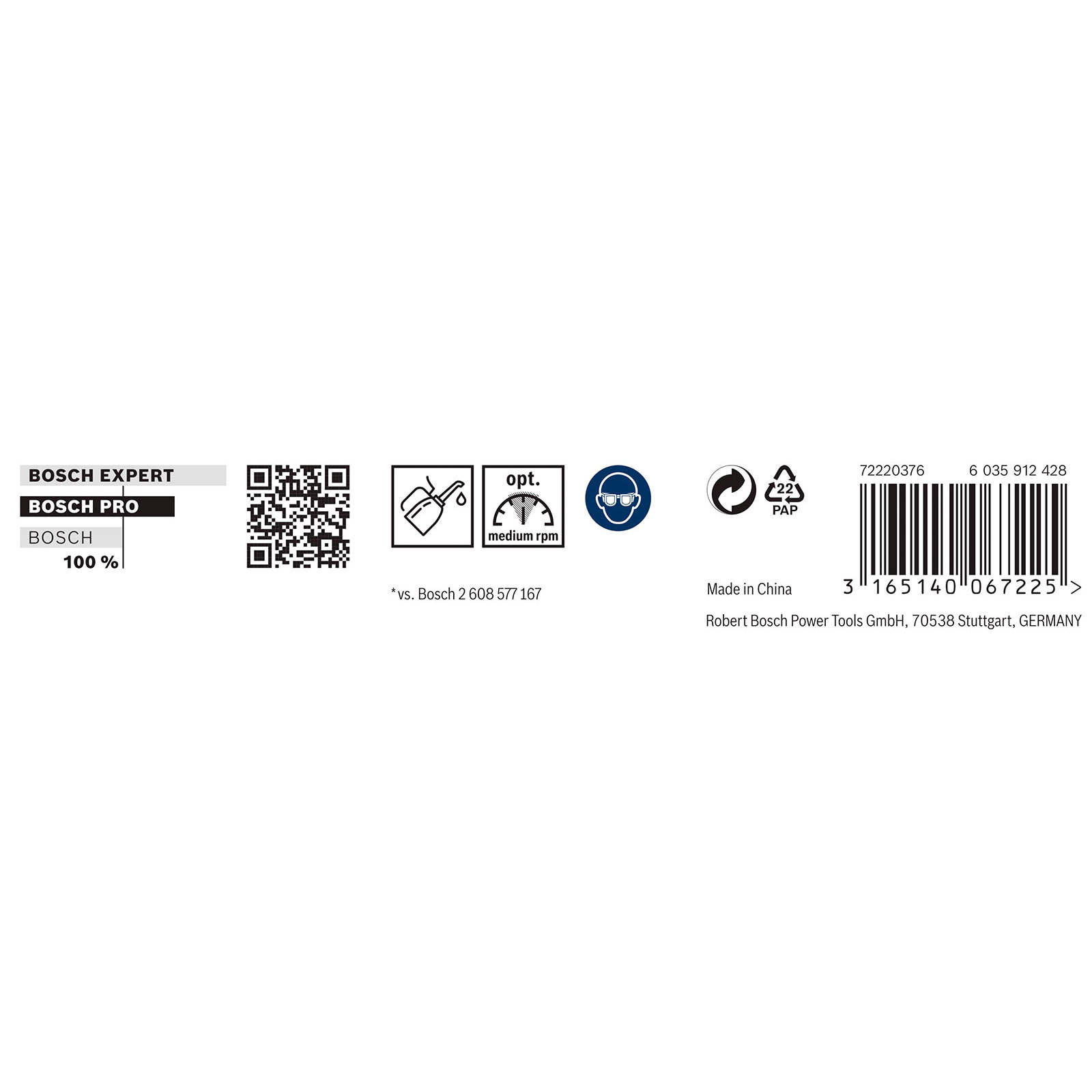 Weißer Hintergrund mit "BOSCH EXPERT", "BOSCH PRO", QR-Code, Schmierung, U/min, Schutzbrille, Recycling und Barcode.