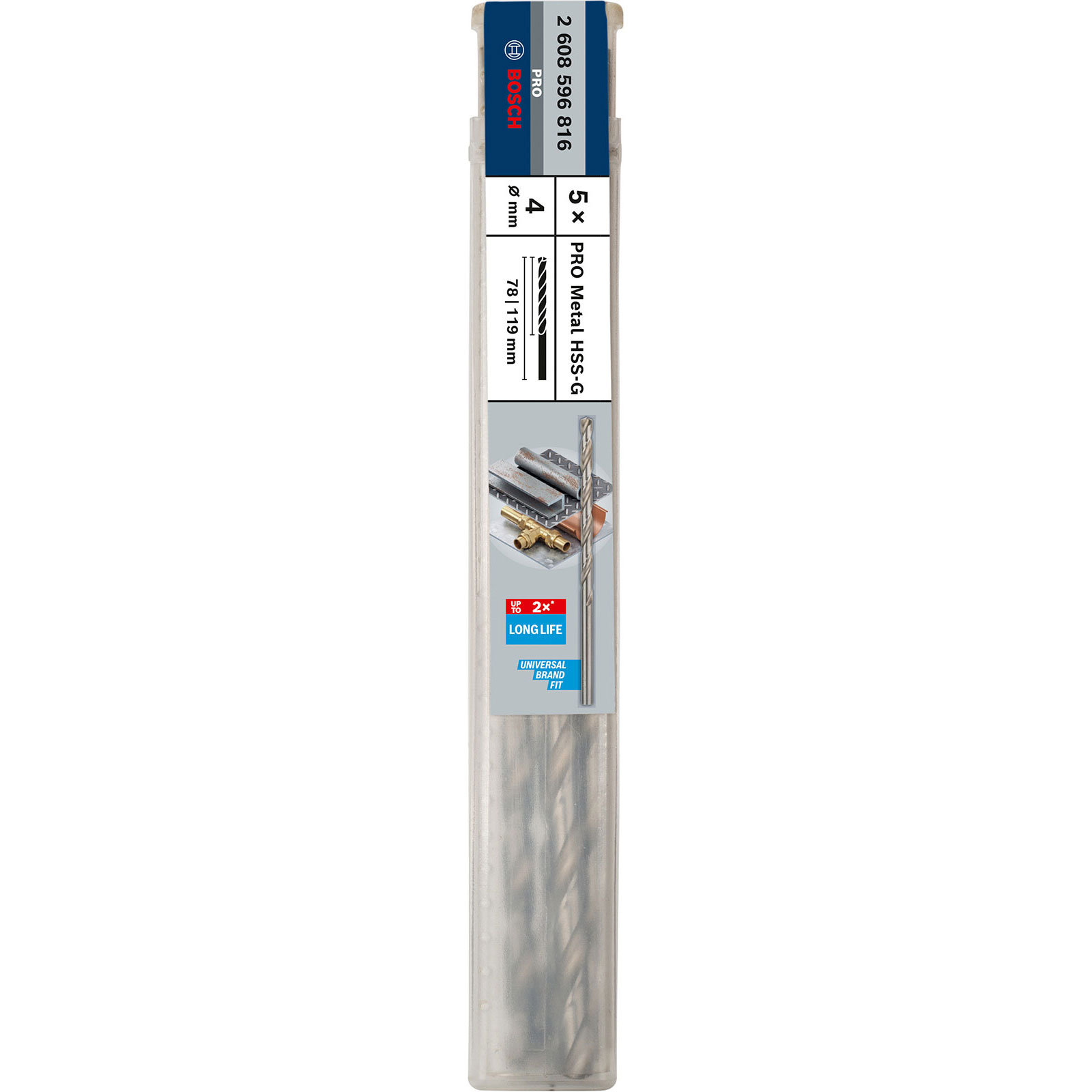 Bosch Metallbohrer-Set: 5x HSS-G, 4mm Durchmesser, 78/119mm Länge.