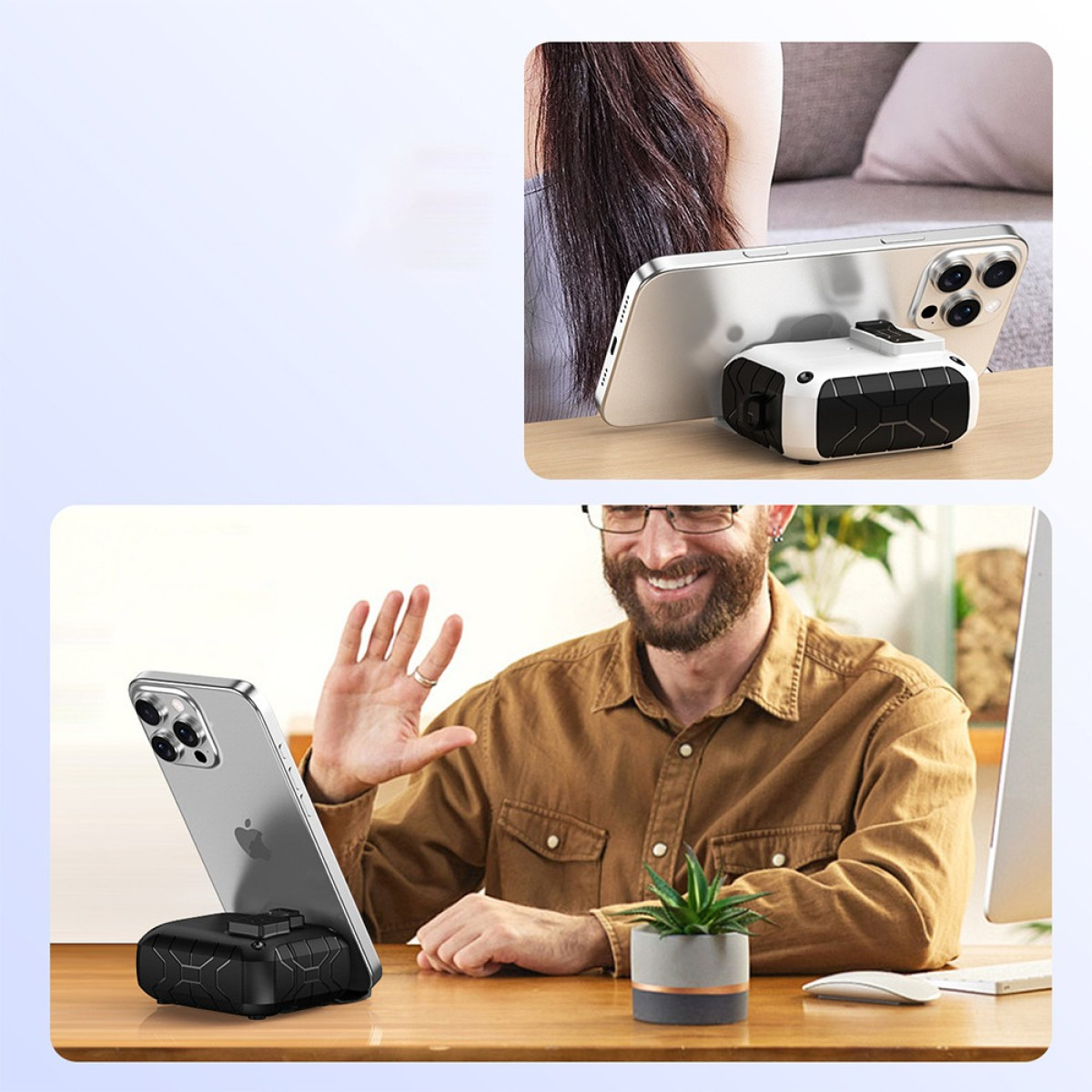 Due immagini: in alto un telefono orizzontale su un supporto bianco e nero; in basso un uomo che saluta con un telefono verticale su un supporto nero.