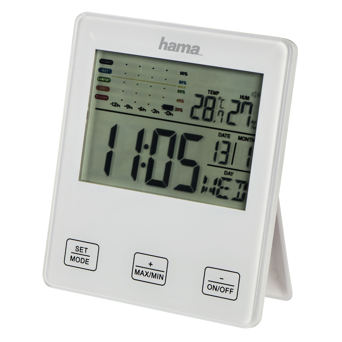 Eine weiße Digitaluhr und ein Thermometer zeigen 11:05 Uhr, 28,1 Grad Celsius und 27% Luftfeuchtigkeit an.