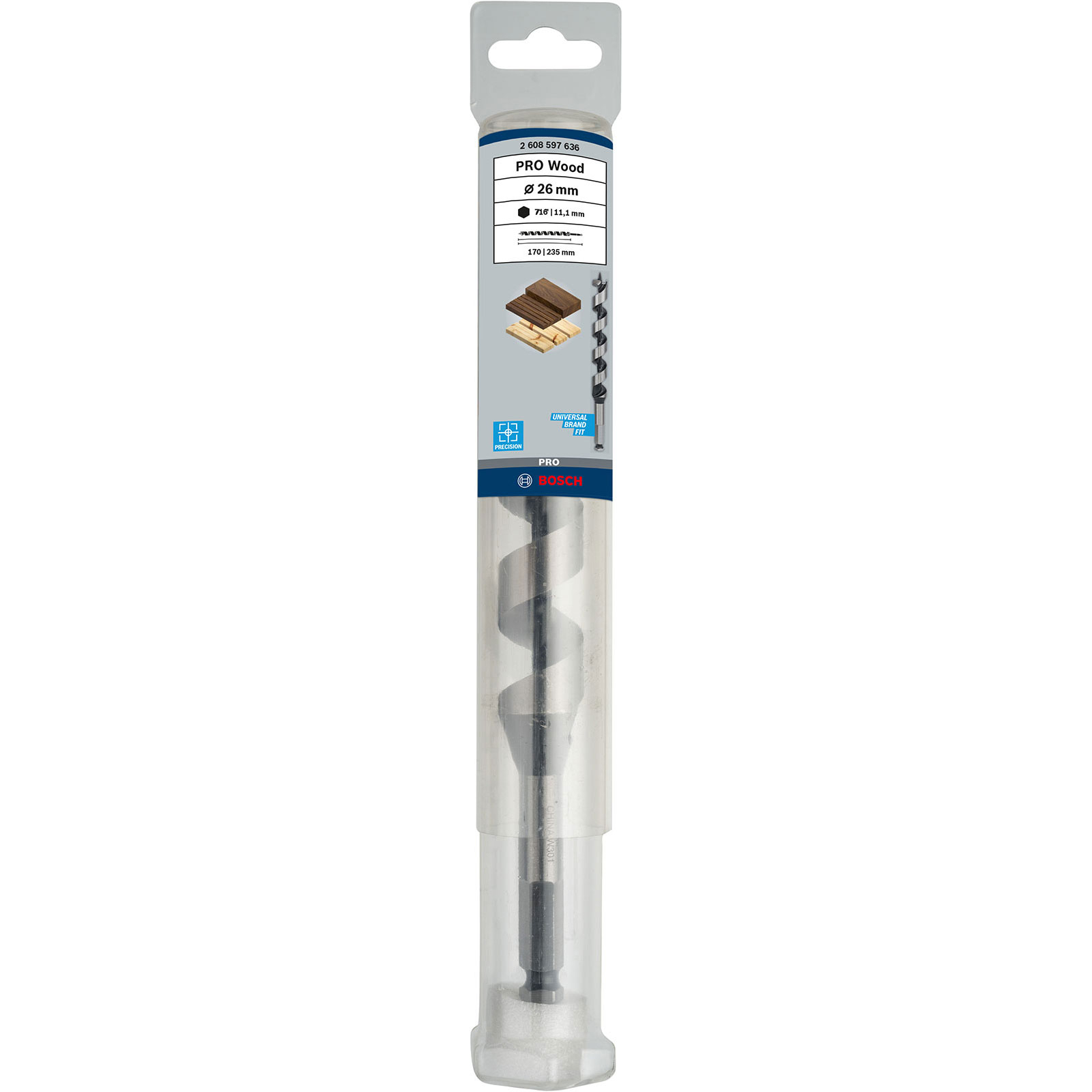 Bohrer für Holz, 26mm, silberfarben, in transparenter Verpackung mit Bosch Logo.