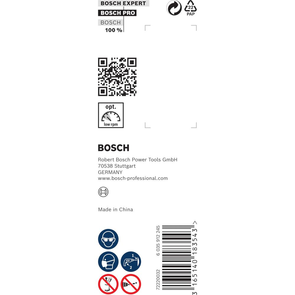 Ein Produktetikett mit Bosch-Branding, QR-Code, Sicherheitssymbolen und einem Barcode auf weißem Hintergrund.