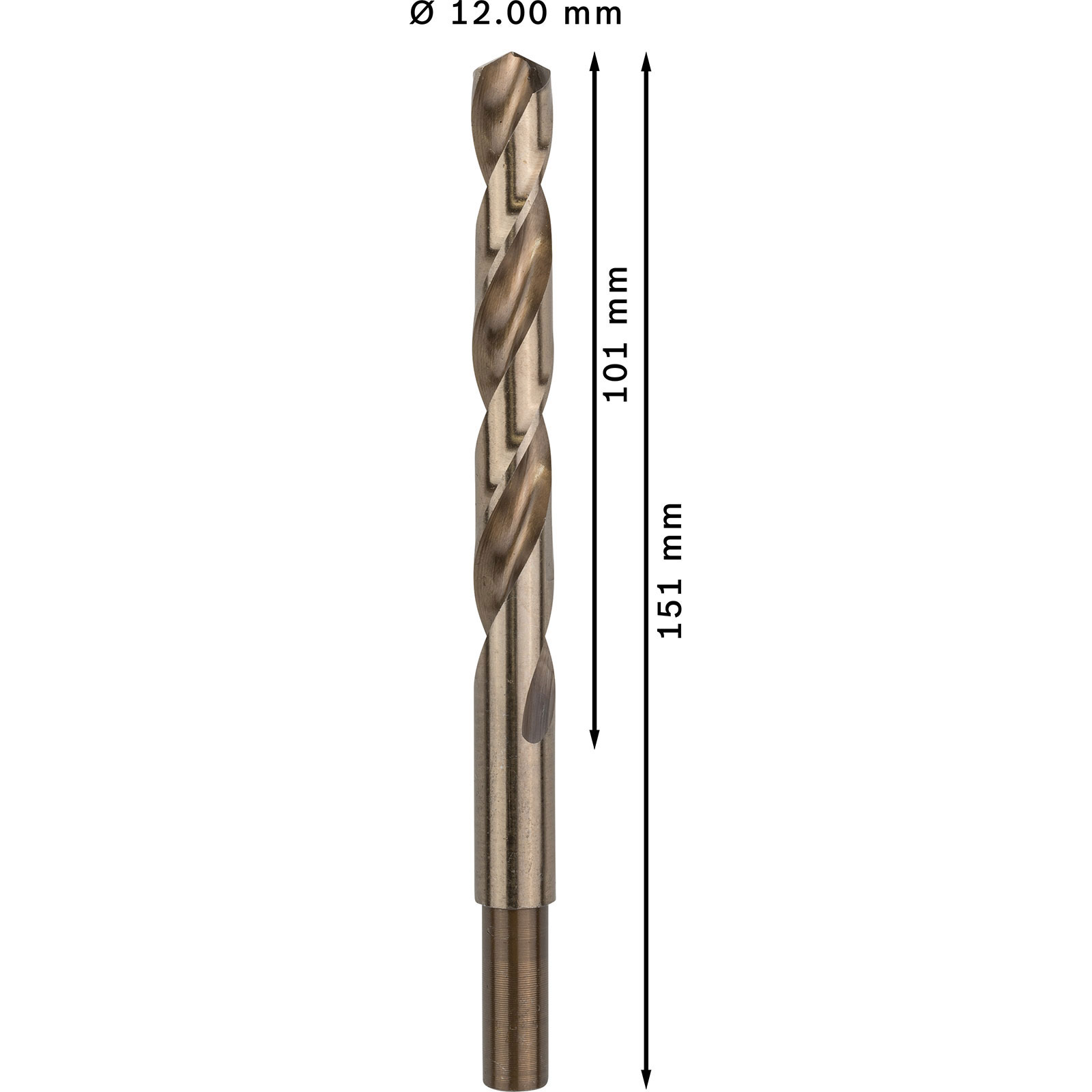 Nahaufnahme eines Bohrers vor weißem Hintergrund, der seinen Durchmesser von 12,00 mm und seine Länge von 151 mm hervorhebt.