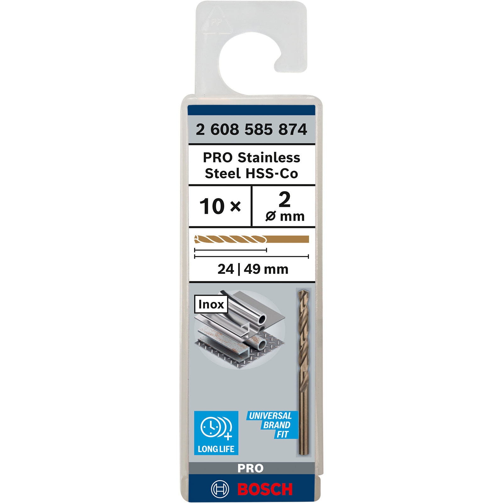 Verpackung für einen Bosch PRO Edelstahl HSS-Co Bohrer, 2mm Durchmesser, 10 Stück, mit Spezifikationen.