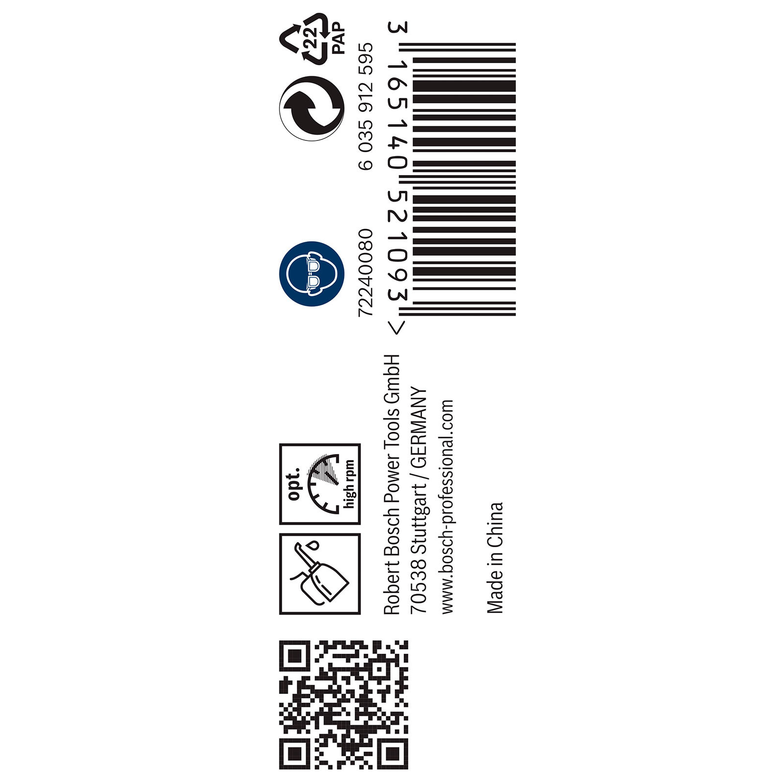 Produktetikett mit QR-Code, Barcode, Recyclingsymbolen und Herstellerinformationen für Robert Bosch Power Tools.
