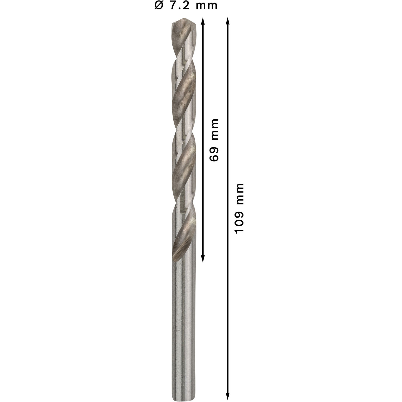 Ein silberner Bohrer, 7,2 mm Durchmesser, mit 69 mm Arbeitslänge und 109 mm Gesamtlänge, auf weißem Hintergrund.