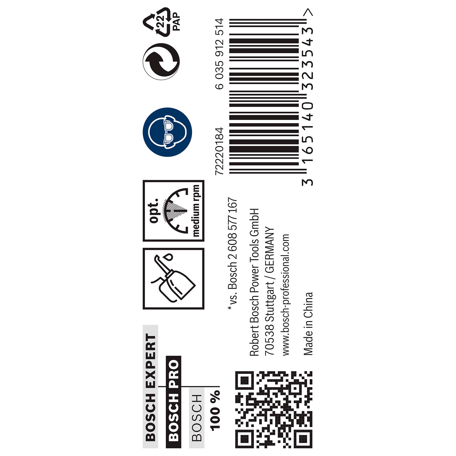 Ein weißes Produktetikett mit schwarzem Text und Symbolen, einschließlich Barcode, QR-Code und Recycling-Logos.
