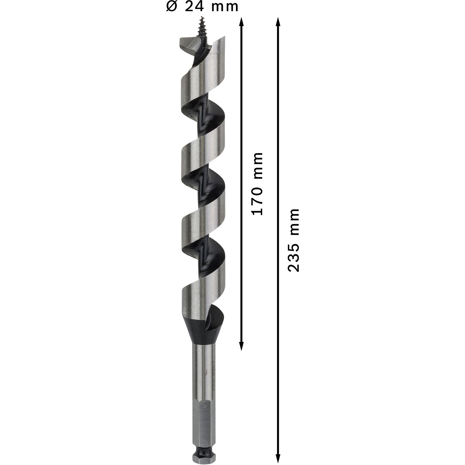 Nahaufnahme eines silbernen Schlangenbohrers mit schwarzer Spitze und Maßen von 24 mm Durchmesser und 235 mm Länge.