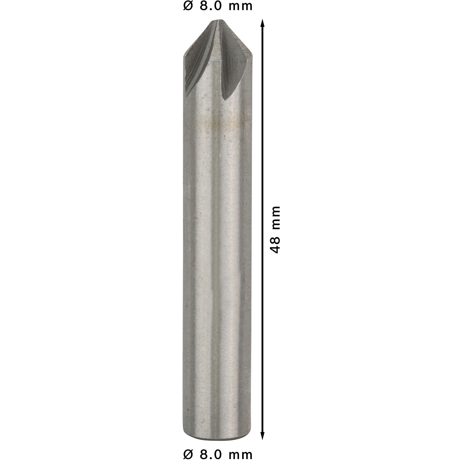 Ein silberfarbener Metall-Senkbohrer, 8,0 mm Durchmesser und 48 mm Länge, mit einer spitzen, vierrilligen Spitze.