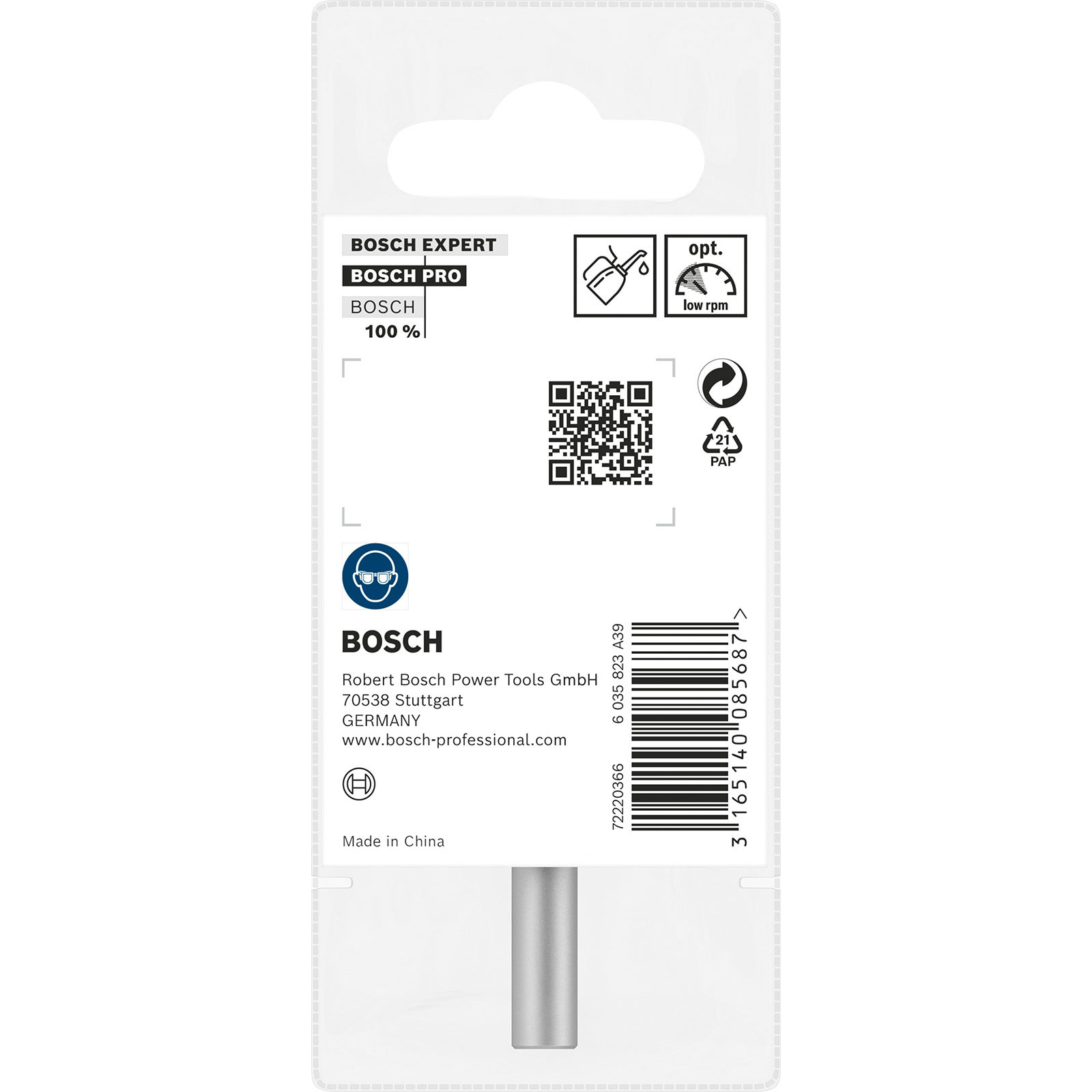 Eine weiß-graue Bosch-Produktverpackung mit verschiedenen Logos und Texten, darunter ein QR-Code und ein Barcode.
