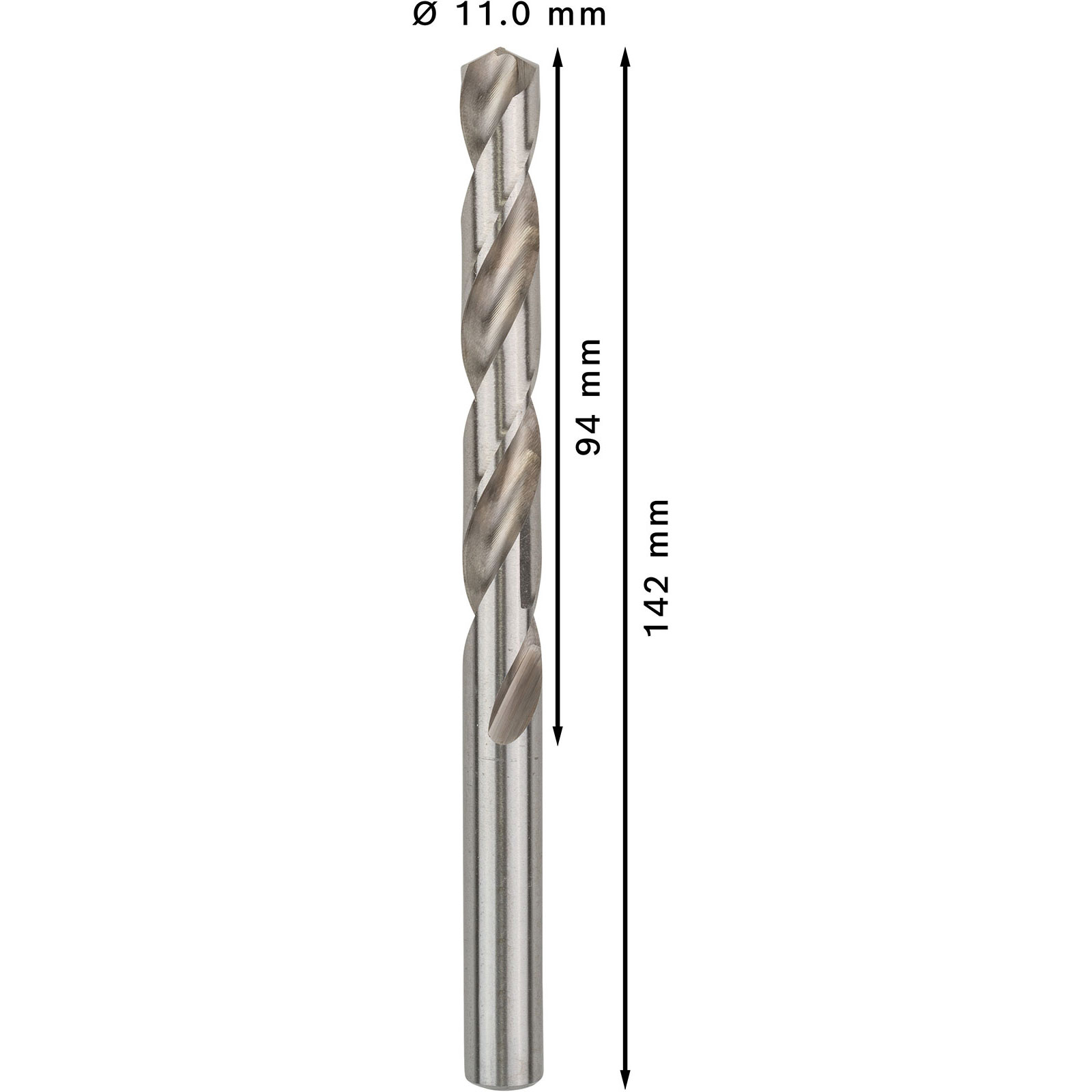 Ein silberner Bohrer mit 11,0 mm Durchmesser, 94 mm Arbeitslänge und 142 mm Gesamtlänge.