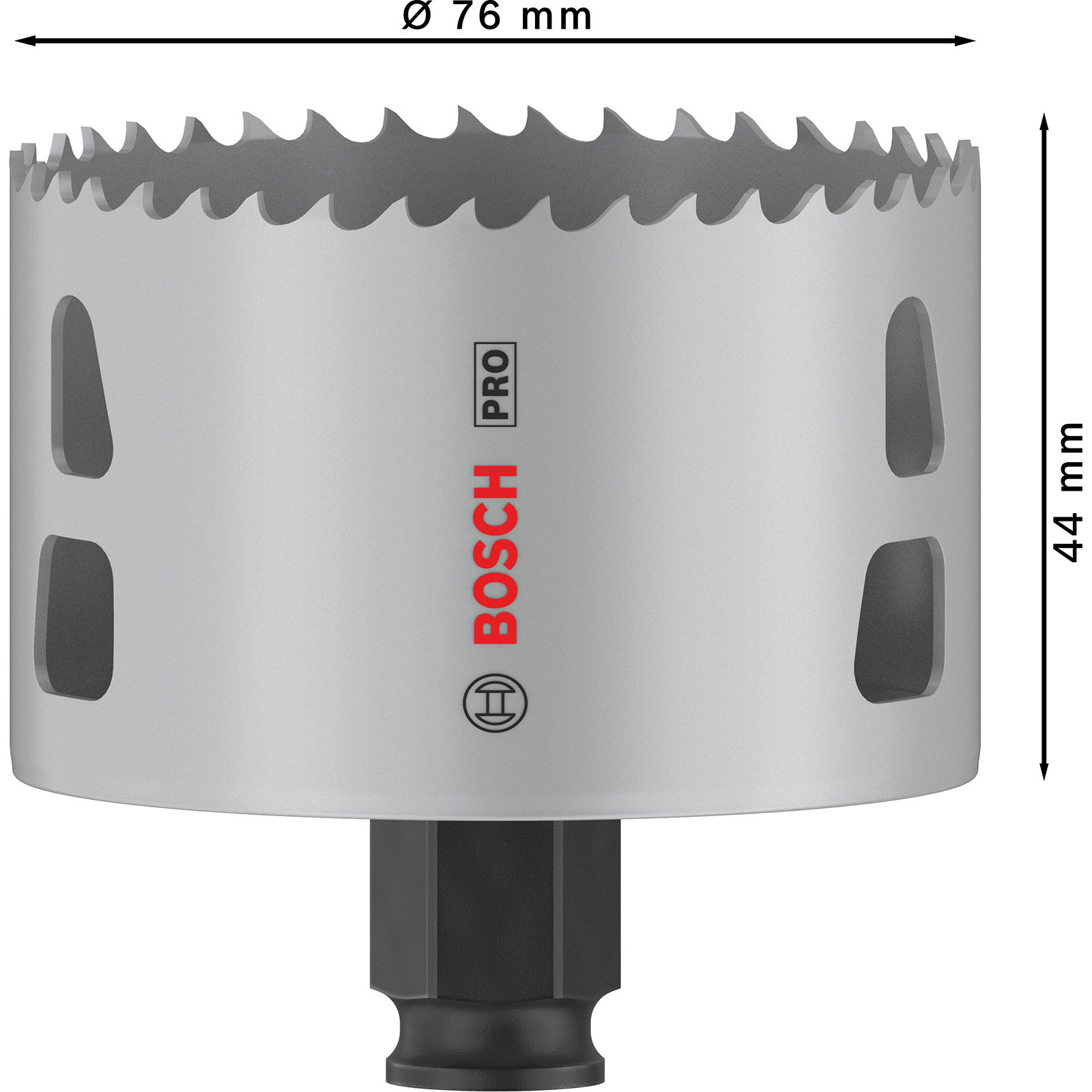 Eine graue Bosch Pro Lochsäge, 76 mm Durchmesser und 44 mm Höhe, mit gezackten Zähnen und zwei Schlitzen, auf weißem Hintergrund.
