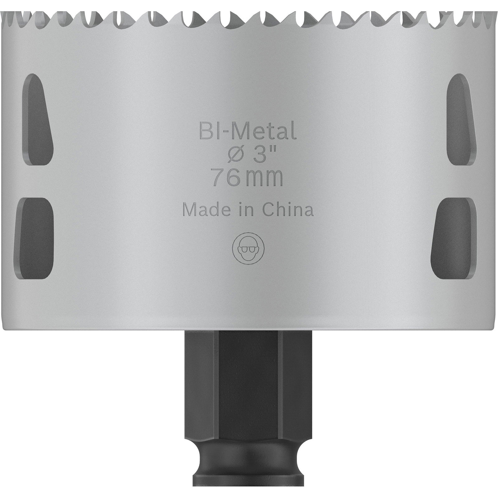 Eine silberne Bi-Metall-Lochsäge, 3 Zoll (76 mm) Durchmesser, mit einem schwarzen Sechskantschaft, vor weißem Hintergrund.