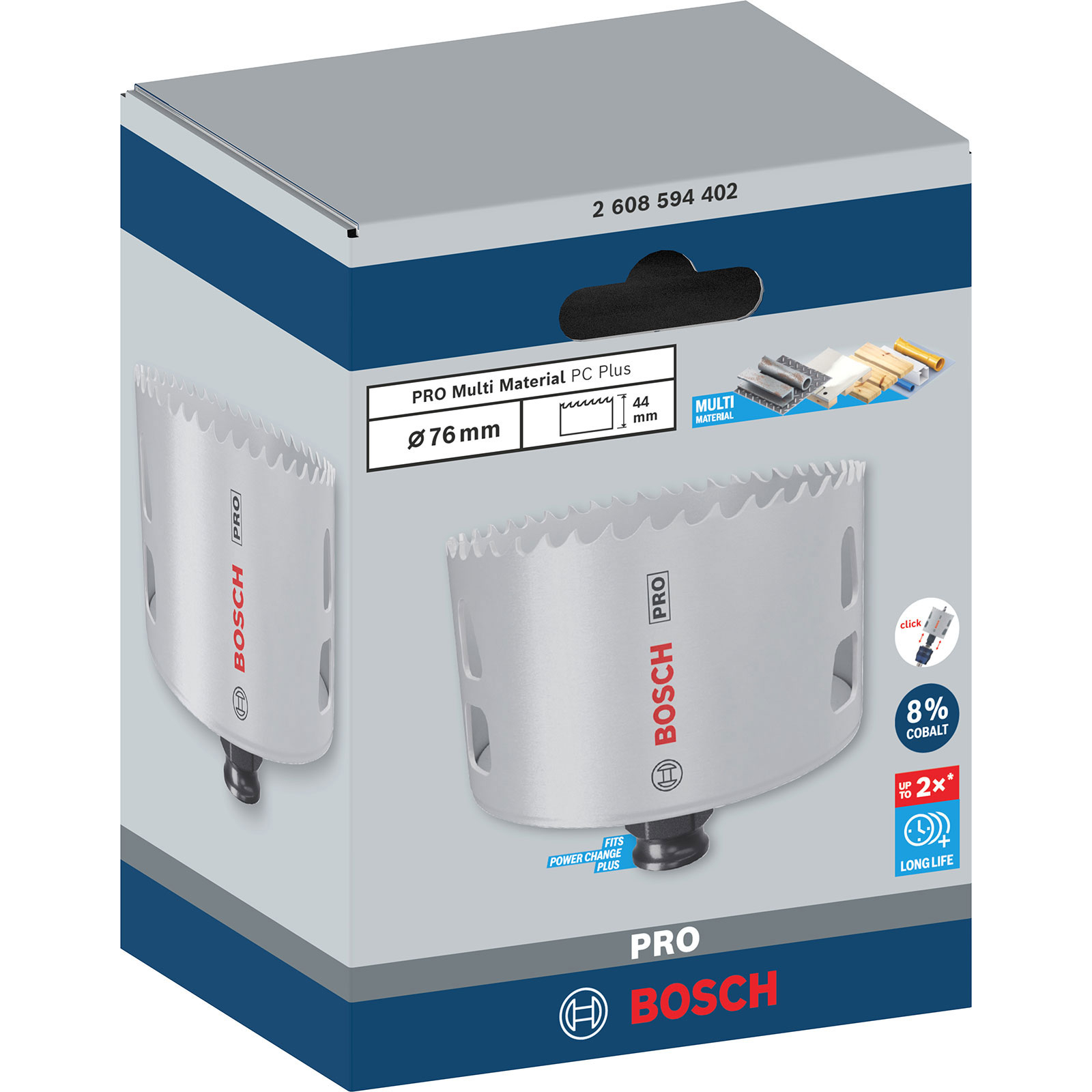 Eine weiße Bosch-Box mit blauen und grauen Akzenten zeigt eine 76-mm-Lochsäge, die ihre Multimaterialfähigkeit und 8% Kobaltgehalt hervorhebt.