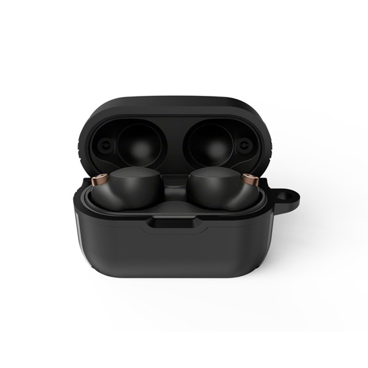 Un paio di auricolari wireless neri con accenti in oro rosa, alloggiati in una custodia di ricarica nera aperta su sfondo bianco.