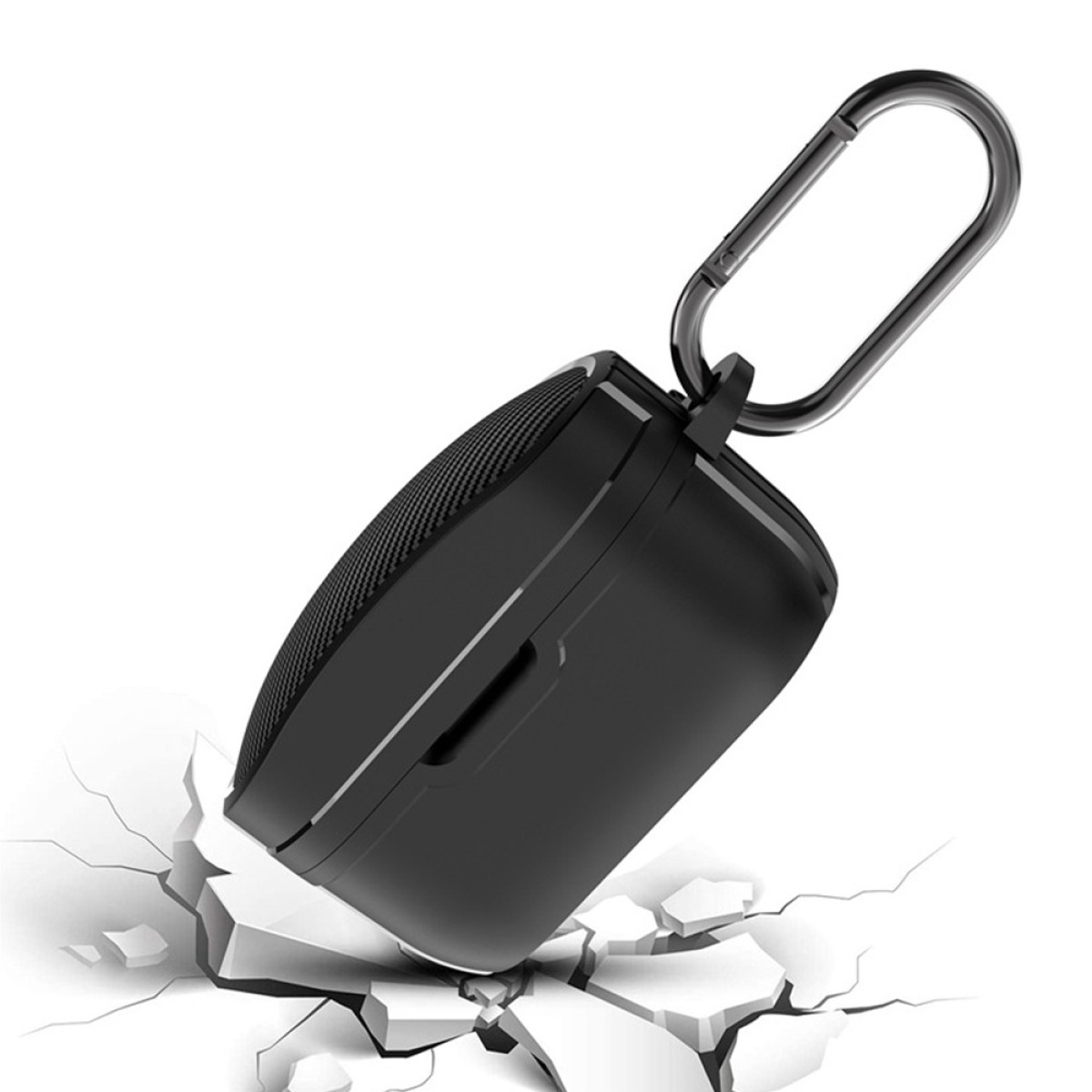 Un altoparlante wireless nero con moschettone cade su una superficie bianca incrinata, creando un impatto.