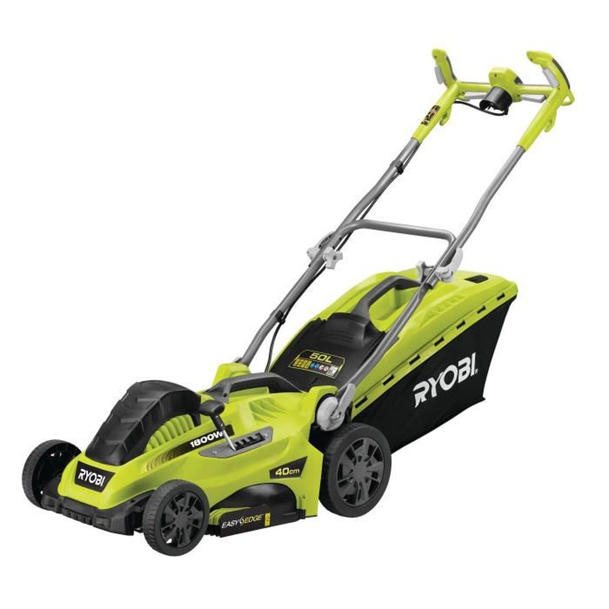 Ein lindgrüner und schwarzer Ryobi Elektromäher mit 50L Grasfangkorb, 1800W Motor und 40cm Schnittbreite.