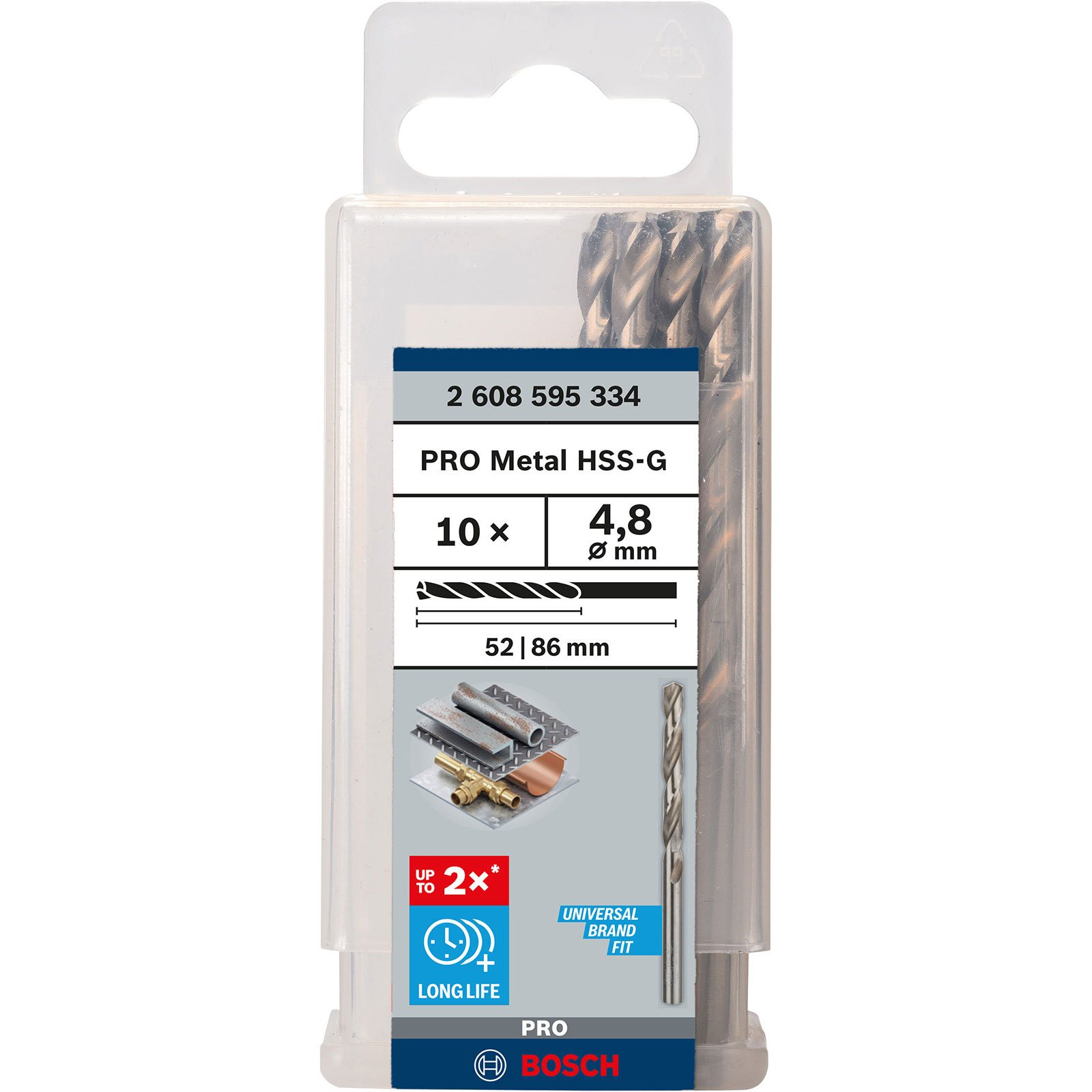 Eine Packung mit 10 Bosch PRO Metal HSS-G Bohrern, 4,8 mm Durchmesser, 52/86 mm Länge, mit langer Lebensdauer und universeller Passform.