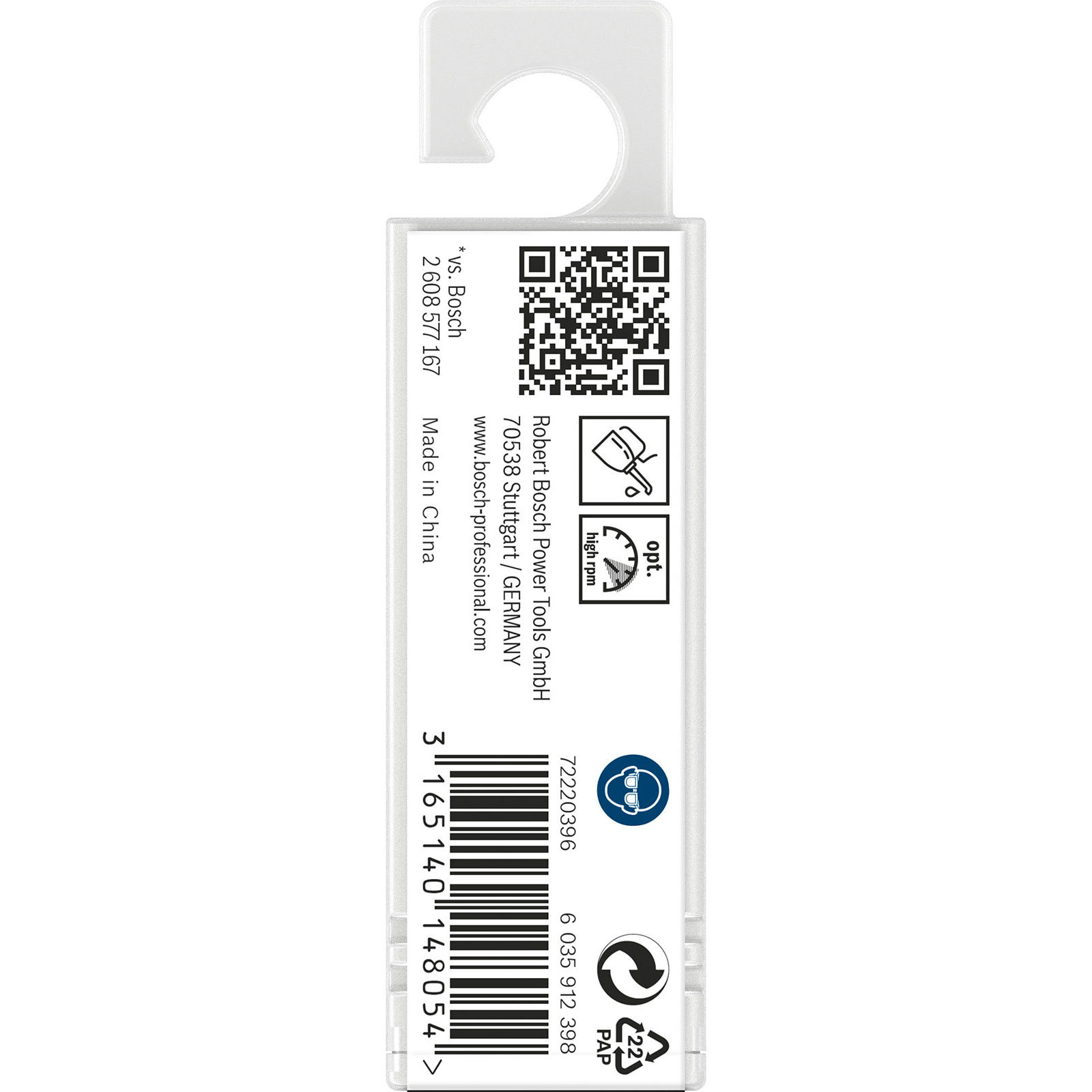 Weiße Produktverpackung mit Haken, schwarzem Text, QR-Code und verschiedenen Symbolen auf weißem Hintergrund.