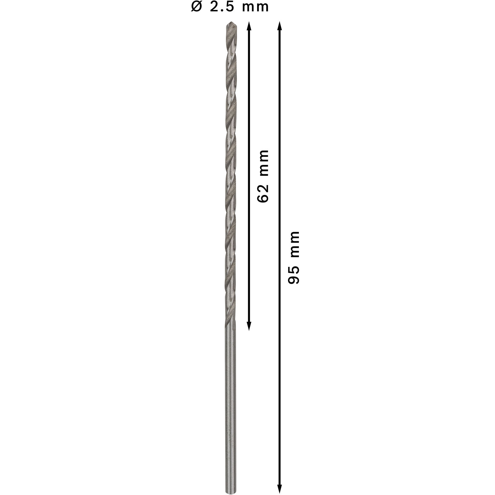 Ein silberfarbener Bohrer mit einem Durchmesser von 2,5 mm, einer Arbeitslänge von 62 mm und einer Gesamtlänge von 95 mm.