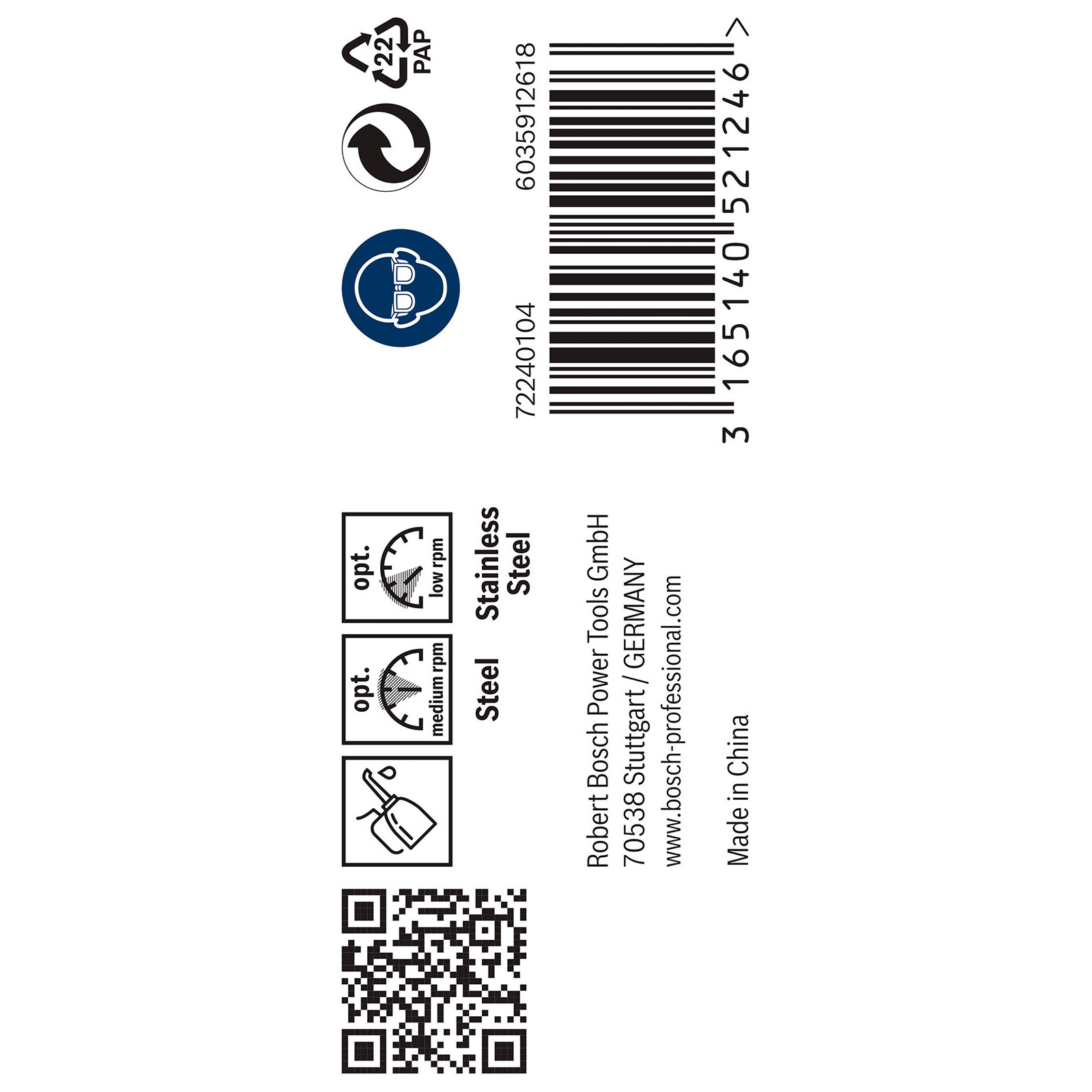 Produktetikett mit Recyclingsymbolen, einem Barcode und Text mit Produktinformationen und Herstellerangaben.