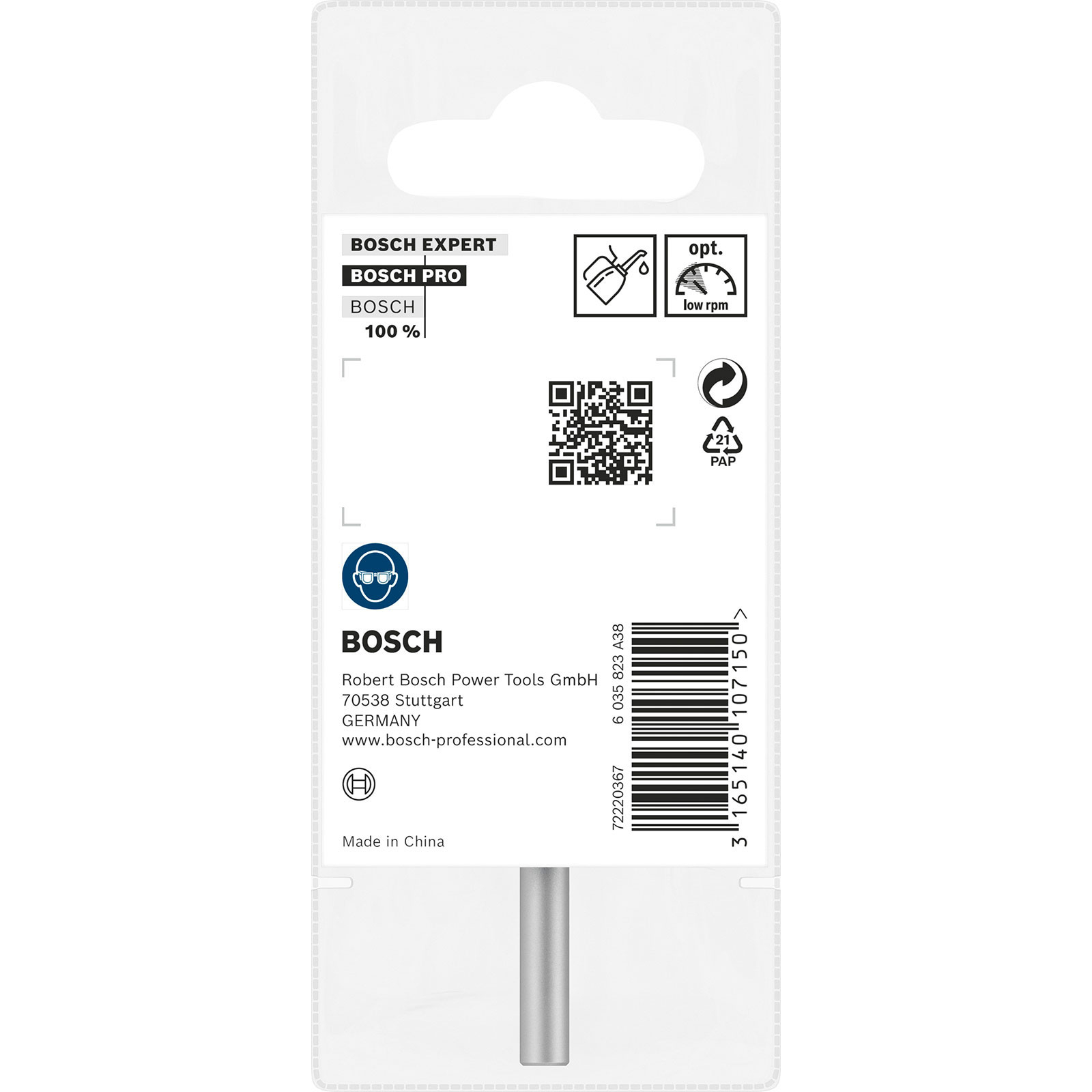 Bosch Bohrerverpackung mit Markenlogos, QR-Code, Barcode und Produktinformationen auf weißem Hintergrund.