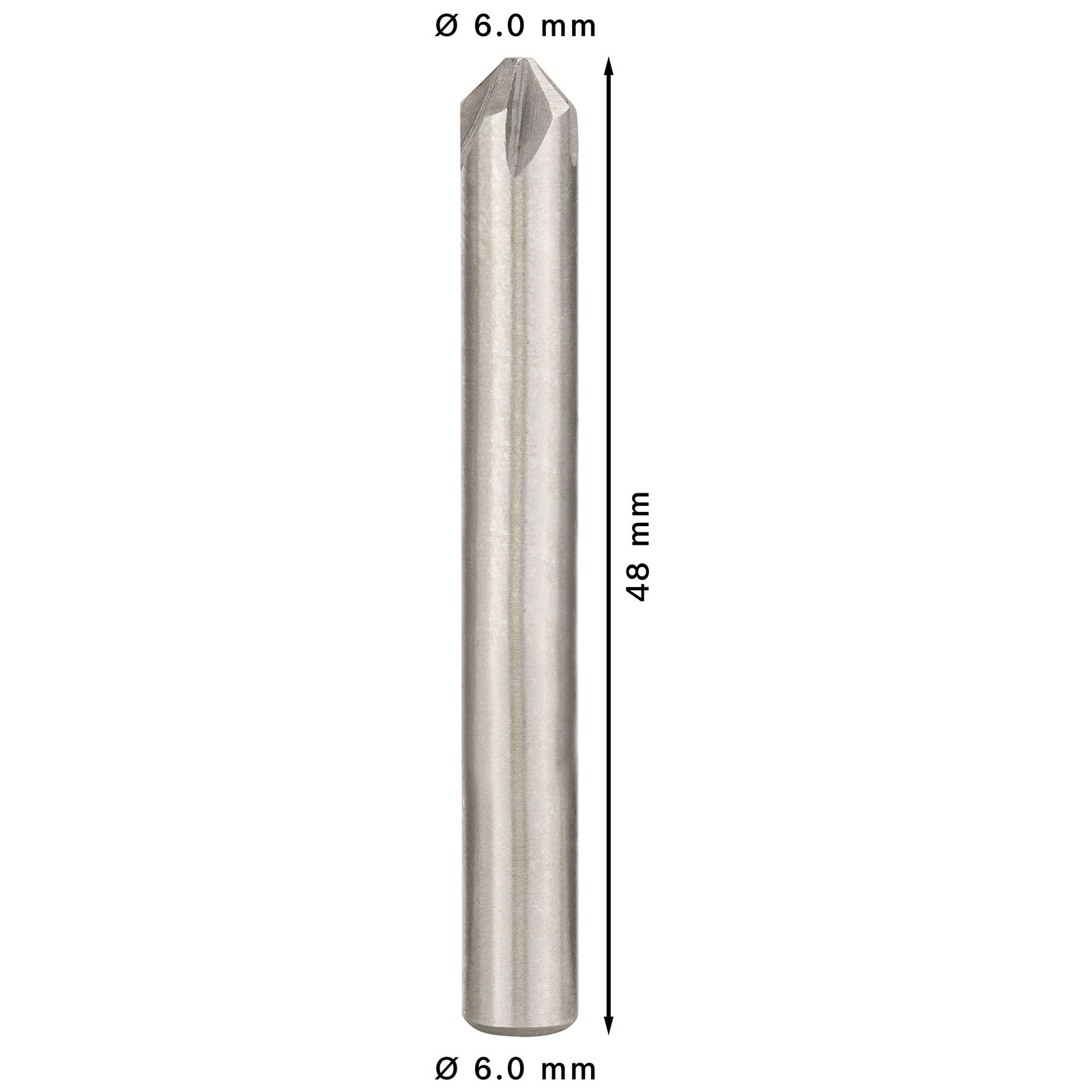 Ein silberfarbener Metallbohrer, 48 mm lang und 6 mm Durchmesser, mit spitzer Spitze, wird vertikal dargestellt.
