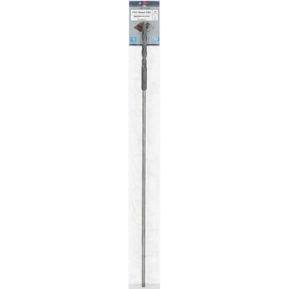 Ein langer, schlanker Metallbohrer, teilweise in transparenter Plastikverpackung mit einem Bosch-Etikett, vor weißem Hintergrund.