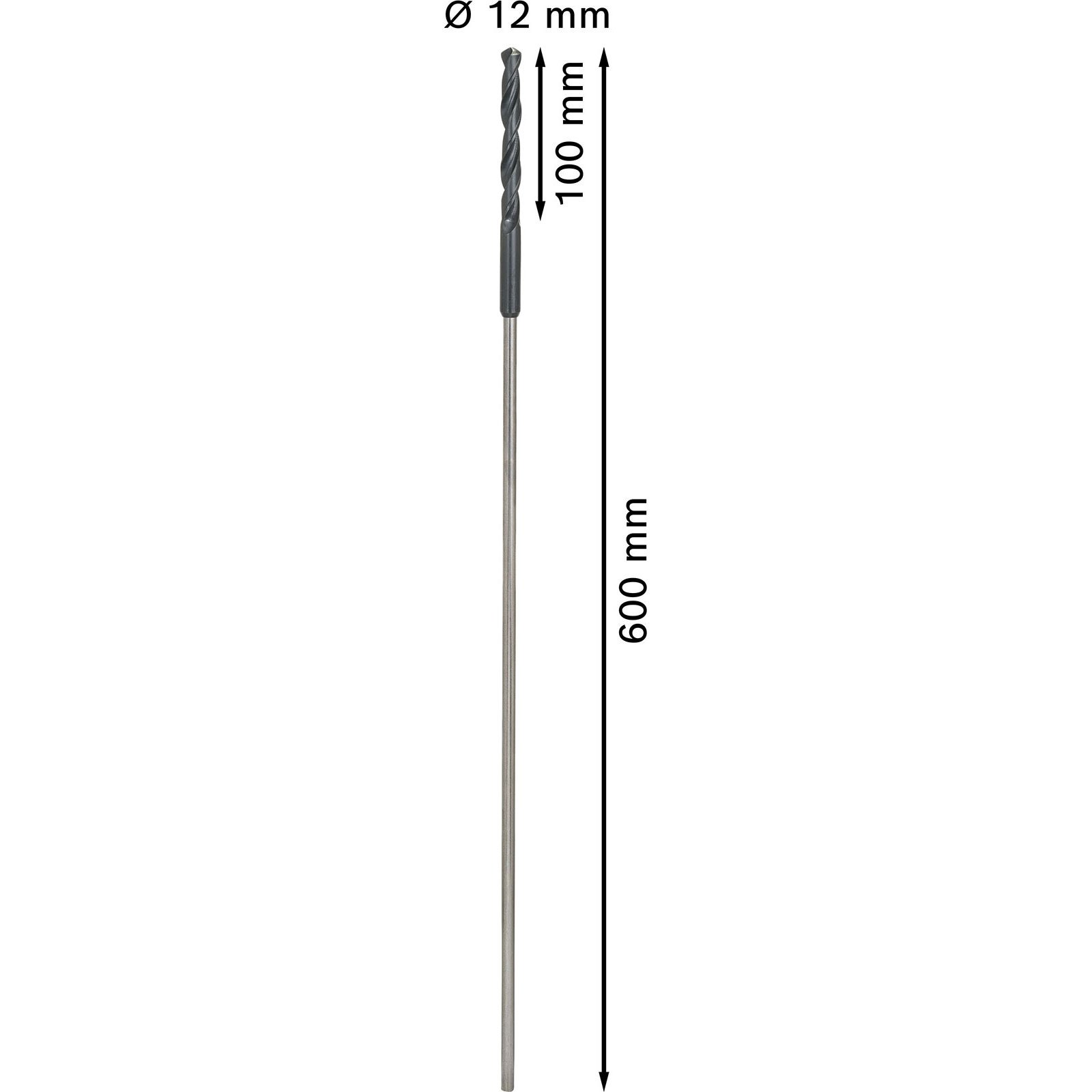 Nahaufnahme eines 12mm Bohrers, 100mm lang mit einer Gesamtlänge von 600mm. Der Bohrer ist dunkelgrau.