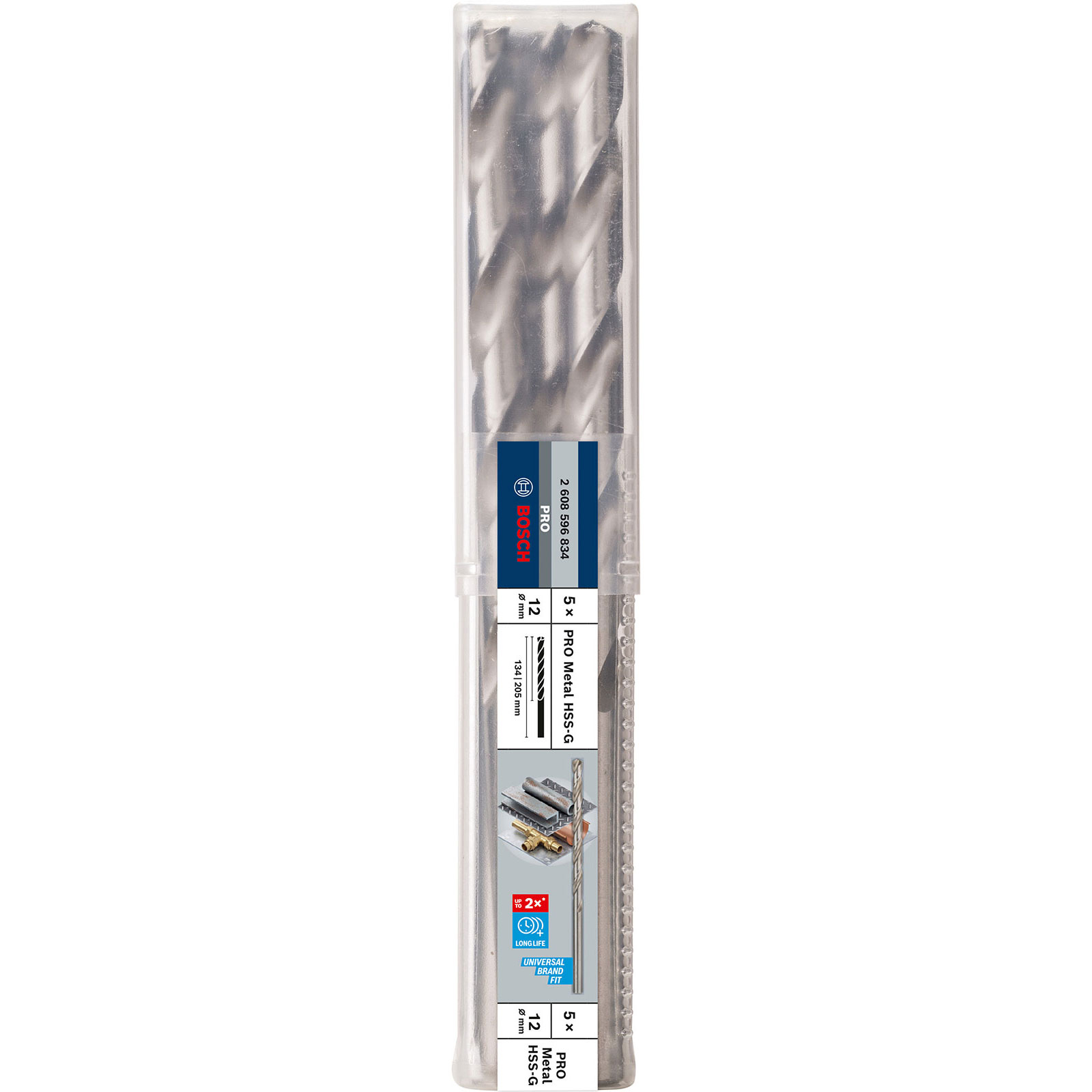 Eine durchsichtige Kunststoffhülle enthält fünf Bosch Pro Metal HSS-G Bohrer, 12 mm Durchmesser, Länge 134/205 mm.