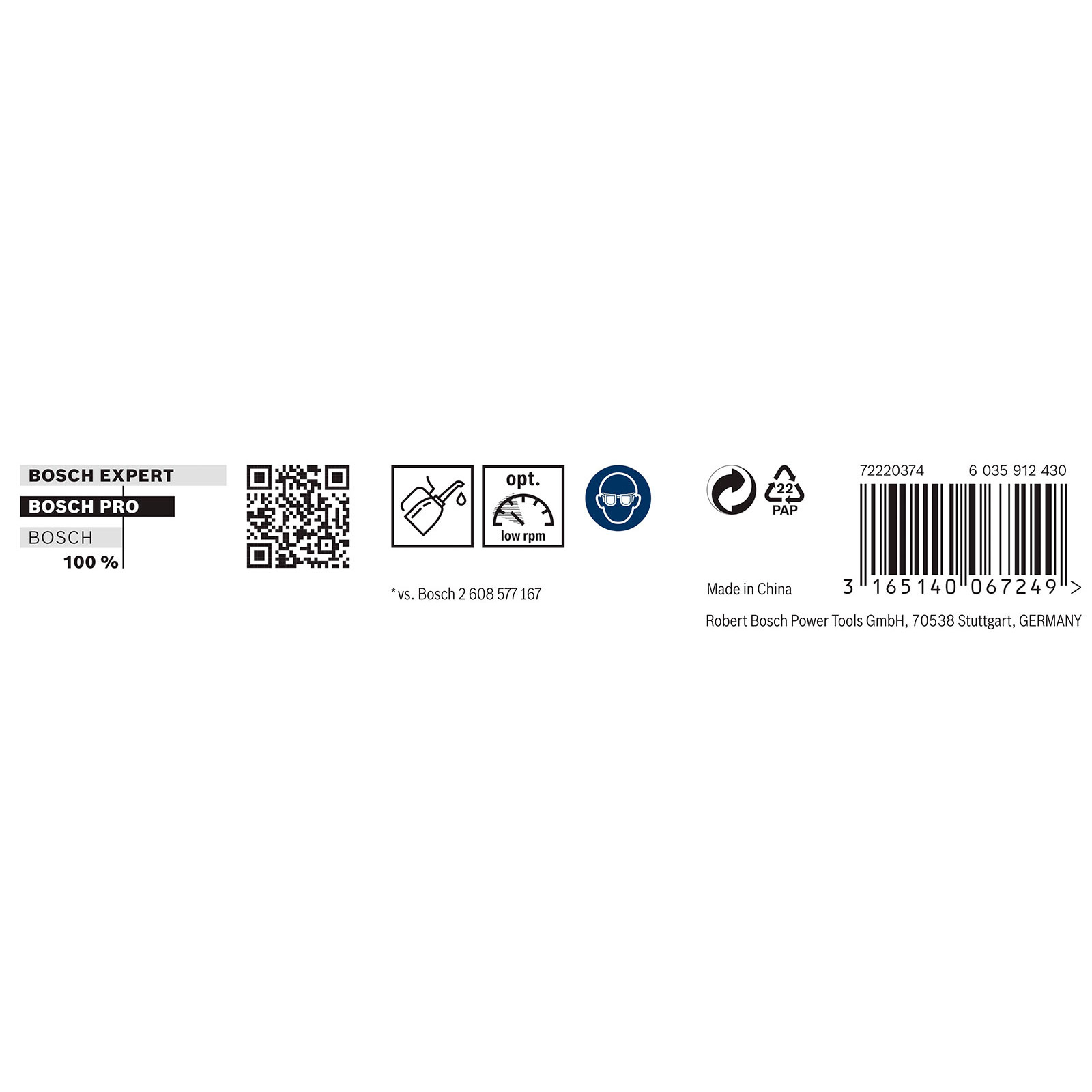 Produktetikett mit Bosch-Branding, QR-Code, Symbolen für Ölen, niedrige Drehzahl, Augenschutz, Recycling und Barcode.