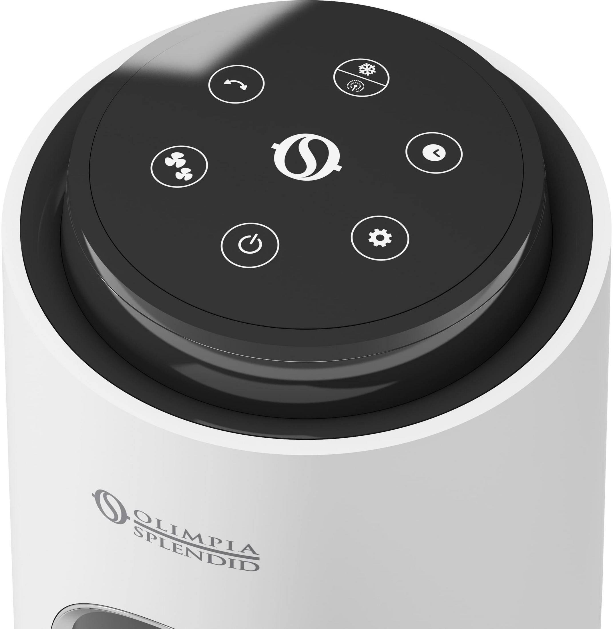 Un purificatore d'aria bianco con un pannello di controllo circolare nero sulla parte superiore. Il pannello presenta varie icone bianche per le impostazioni.