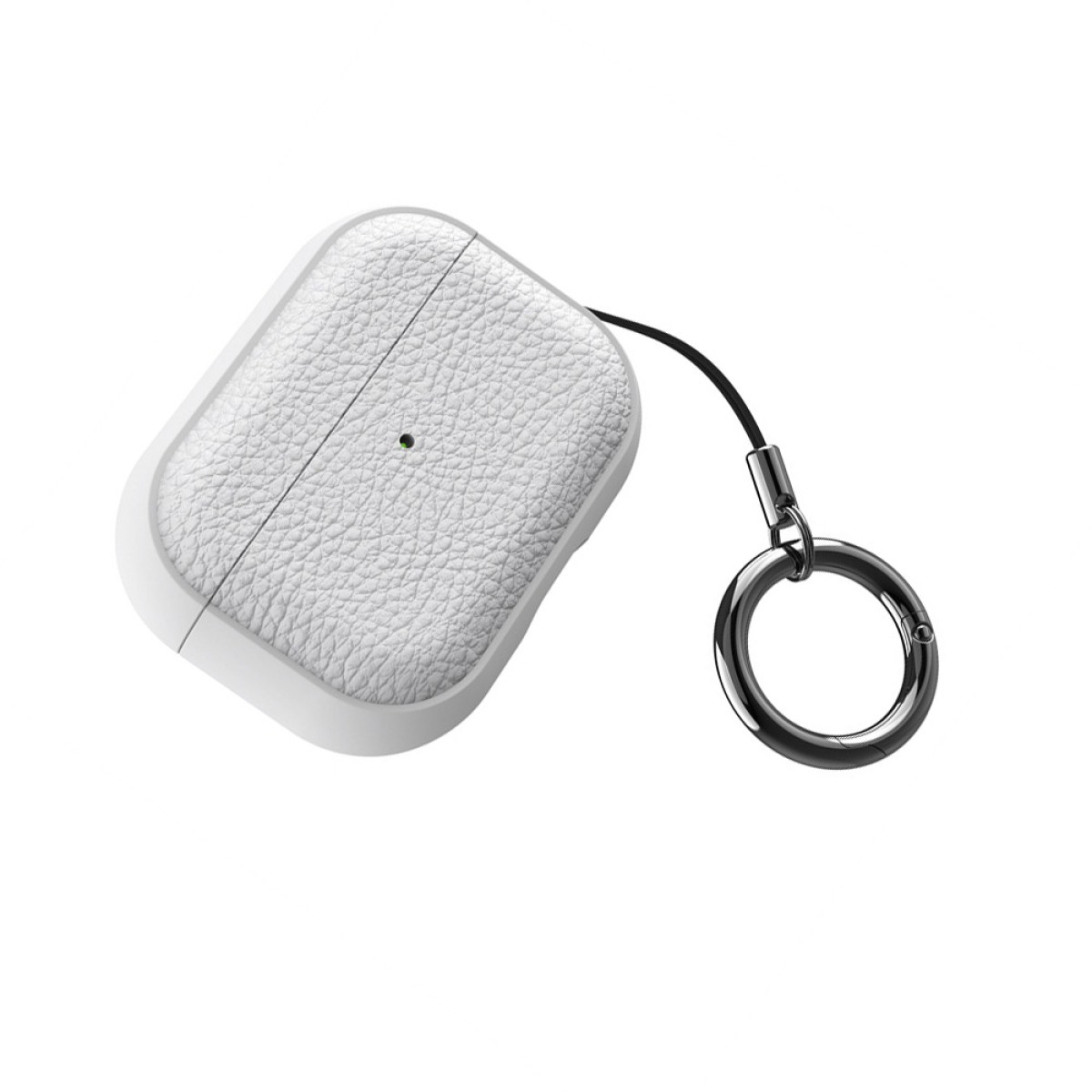 Una funda blanca para AirPods con acabado texturizado similar al cuero y un cordón negro con un anillo de metal gris oscuro.