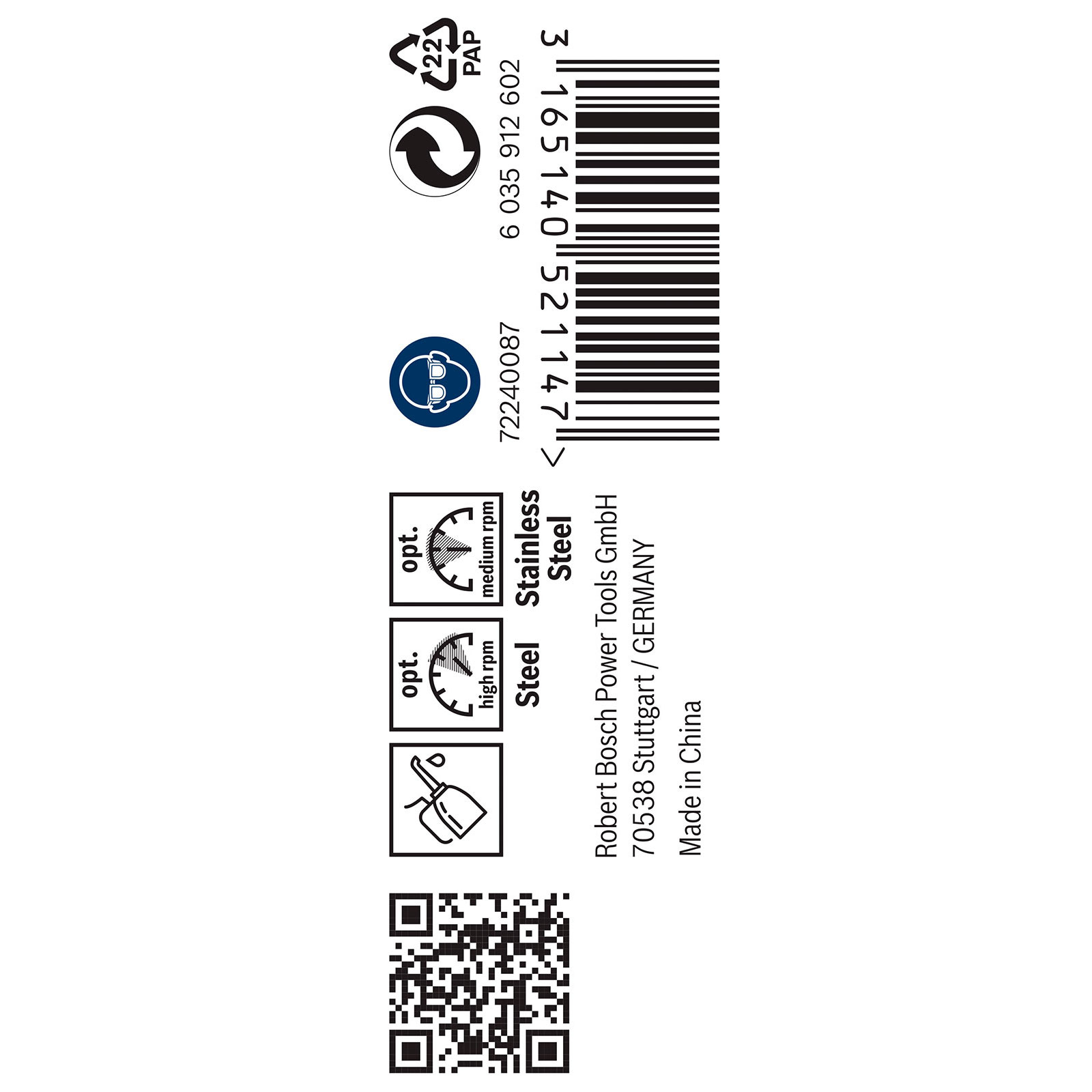 Produktetikett mit QR-Code, Barcode, Recyclingsymbolen und Material-/Geschwindigkeitsspezifikationen für Stahl und Edelstahl.
