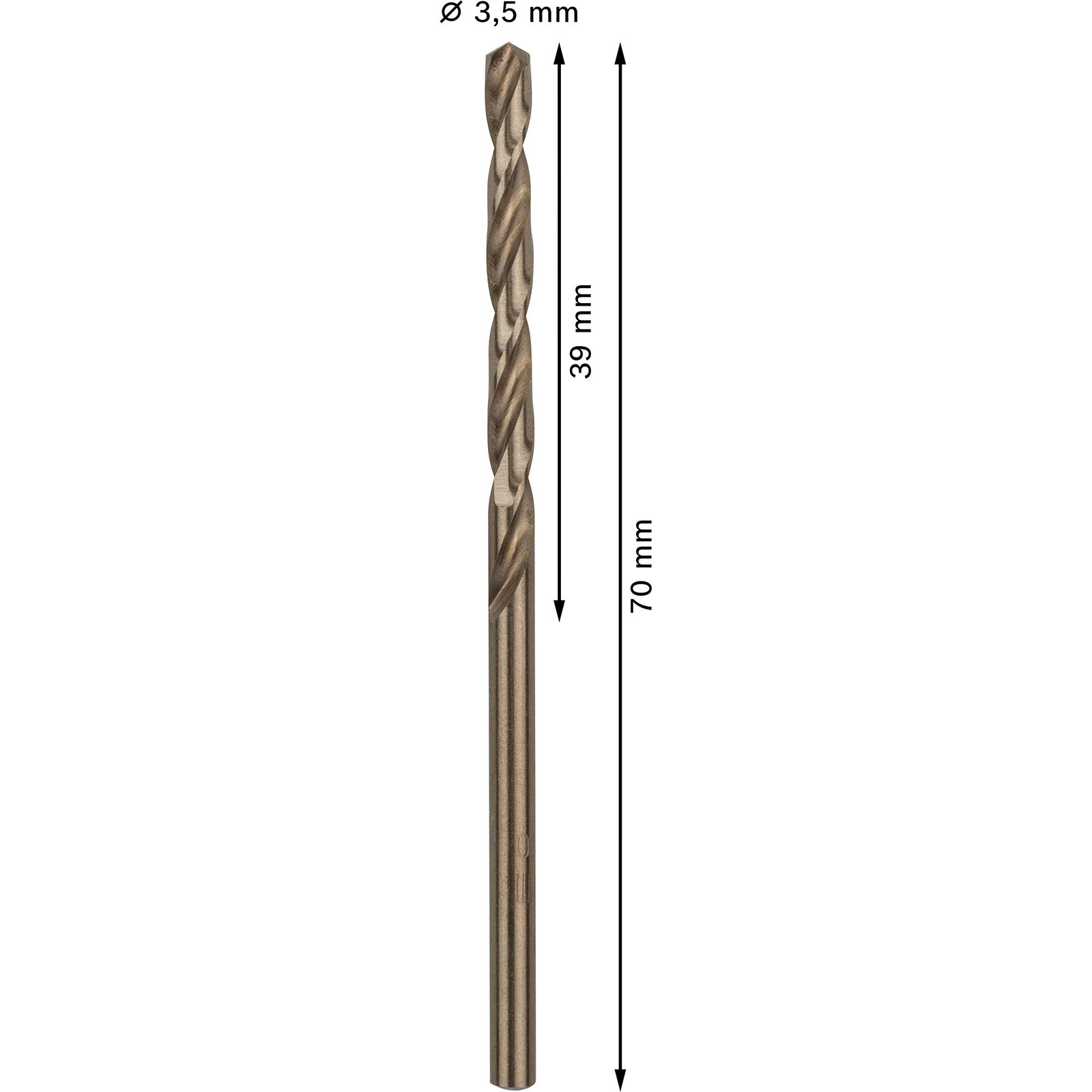 Ein brauner Bohrer, 3,5 mm Durchmesser, 70 mm lang mit 39 mm Spannuten, steht vertikal auf weißem Hintergrund.